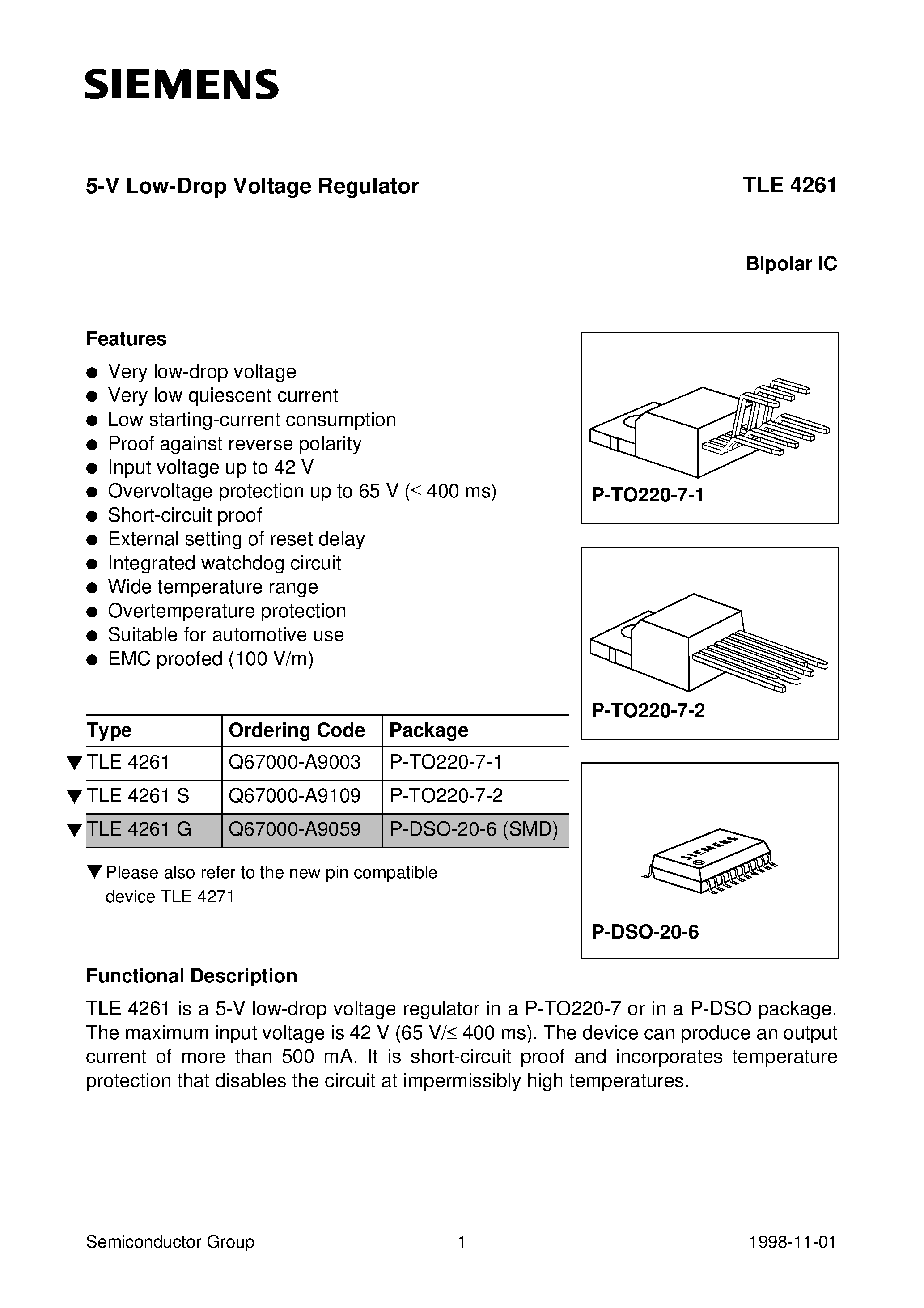 Даташит TLE4261S - 5-V Low-Drop Voltage Regulator страница 1