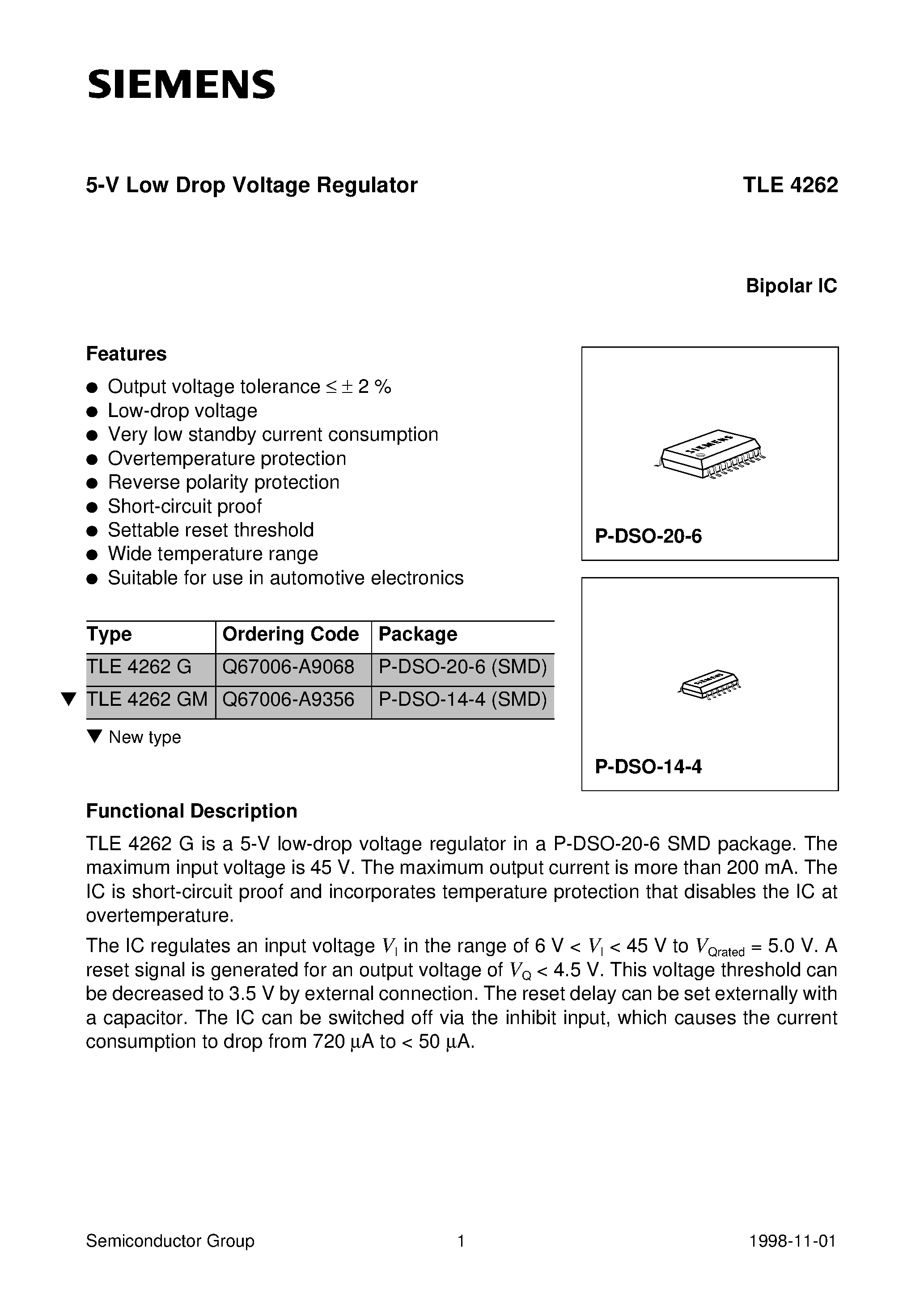Даташит TLE4262GM - 5-V Low Drop Voltage Regulator страница 1