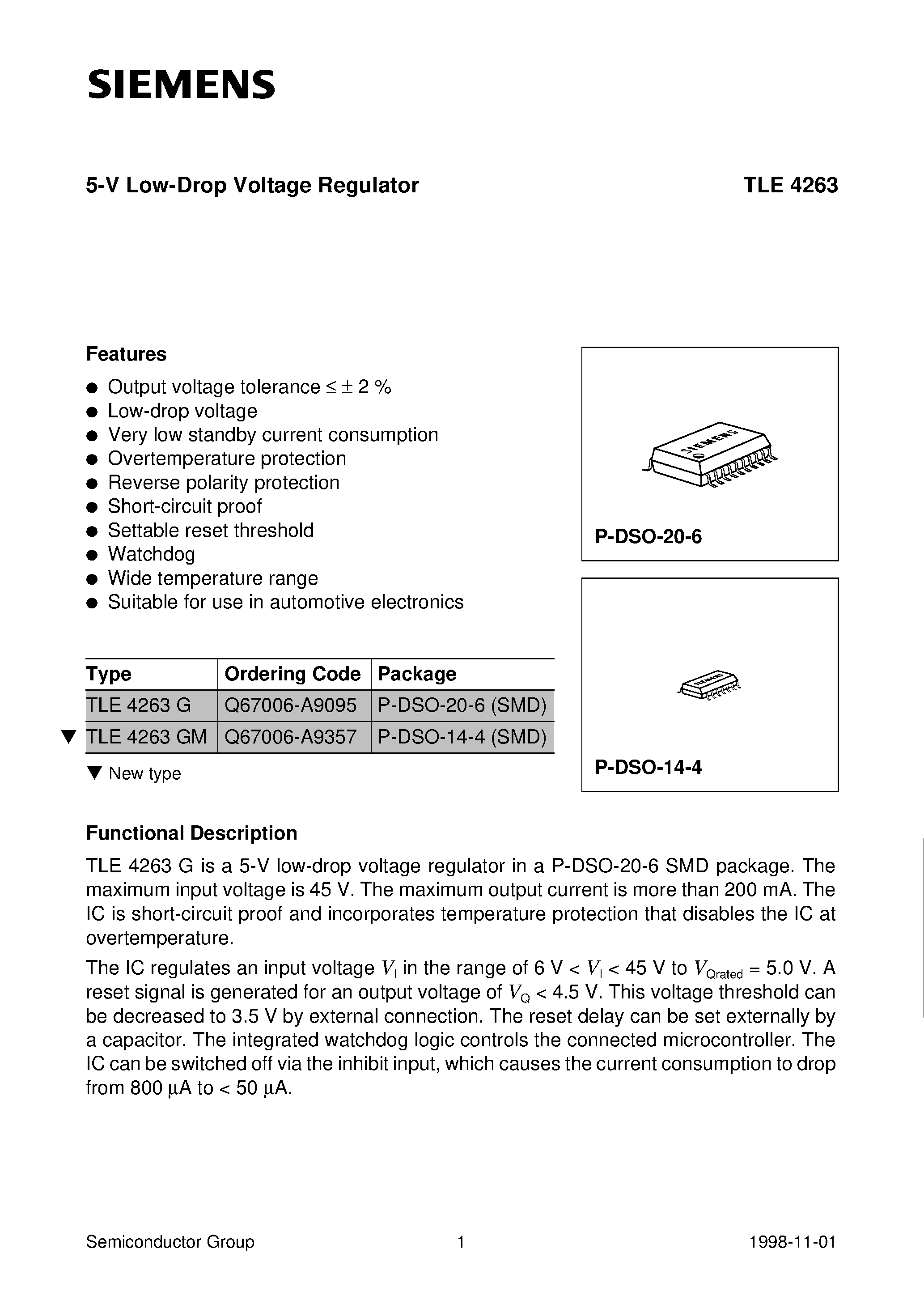 Даташит TLE4263GM - 5-V Low-Drop Voltage Regulator страница 1