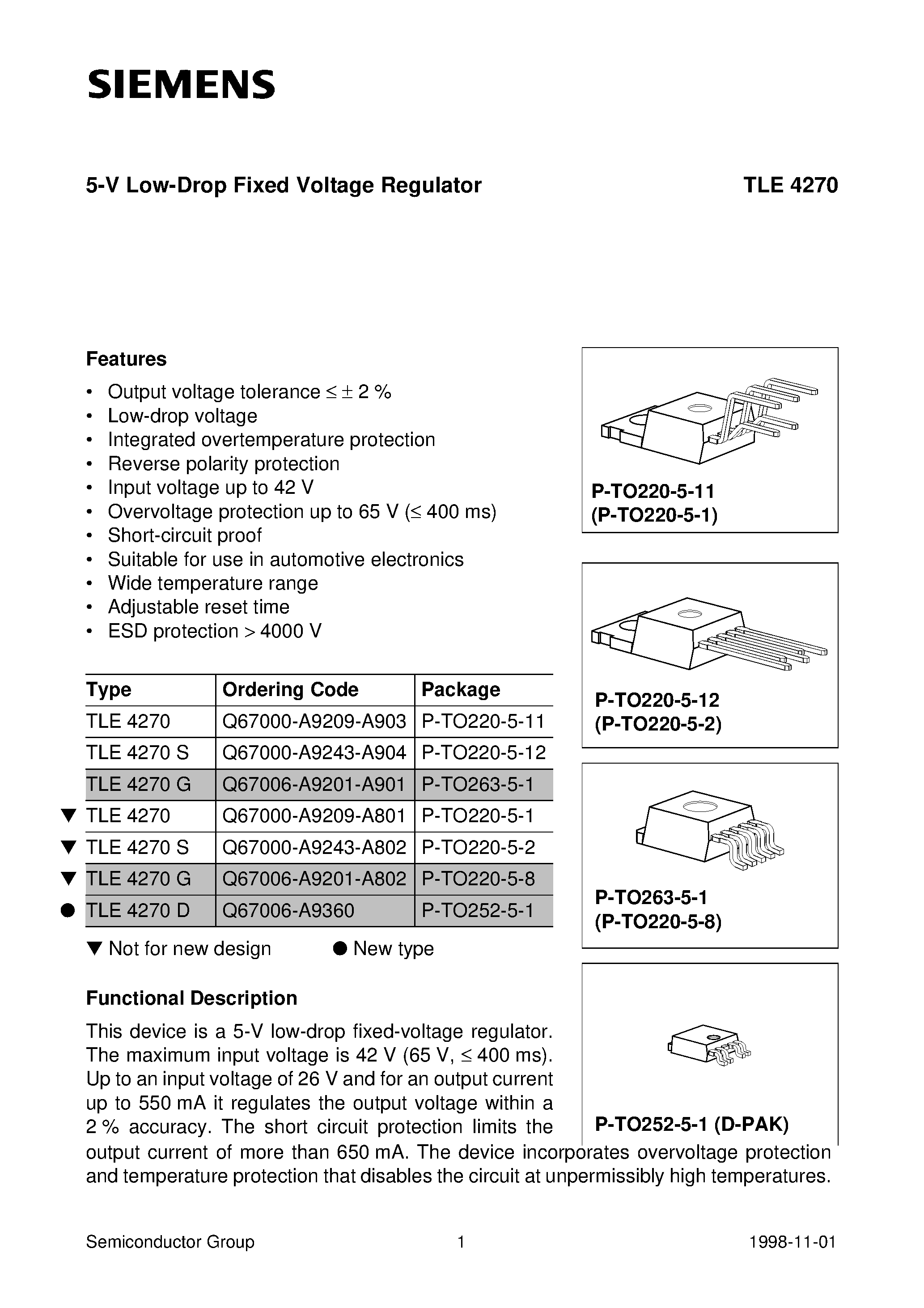 Даташит TLE4270G - 5-V Low-Drop Fixed Voltage Regulator страница 1