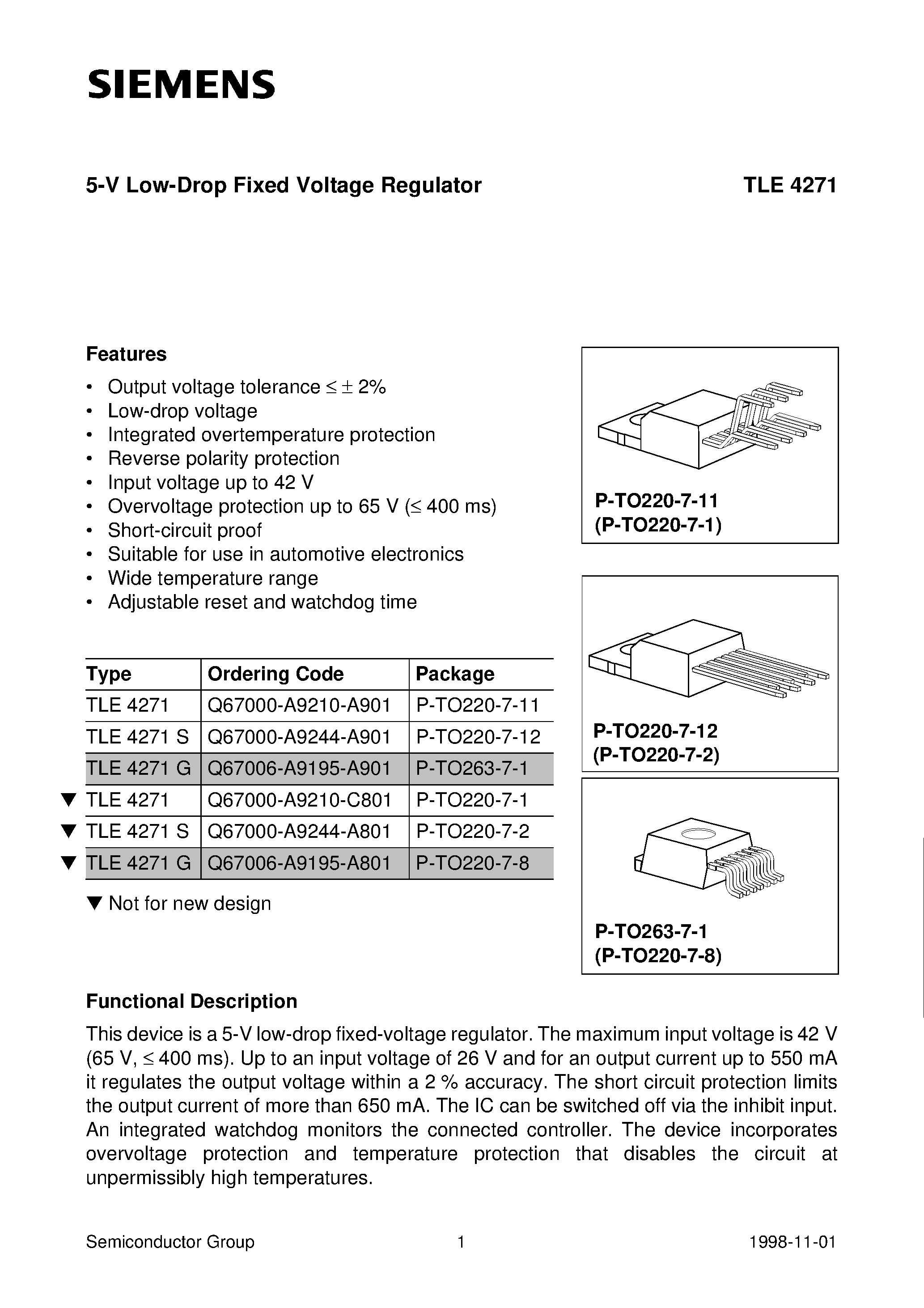Даташит TLE4271 - 5-V Low-Drop Fixed Voltage Regulator страница 1