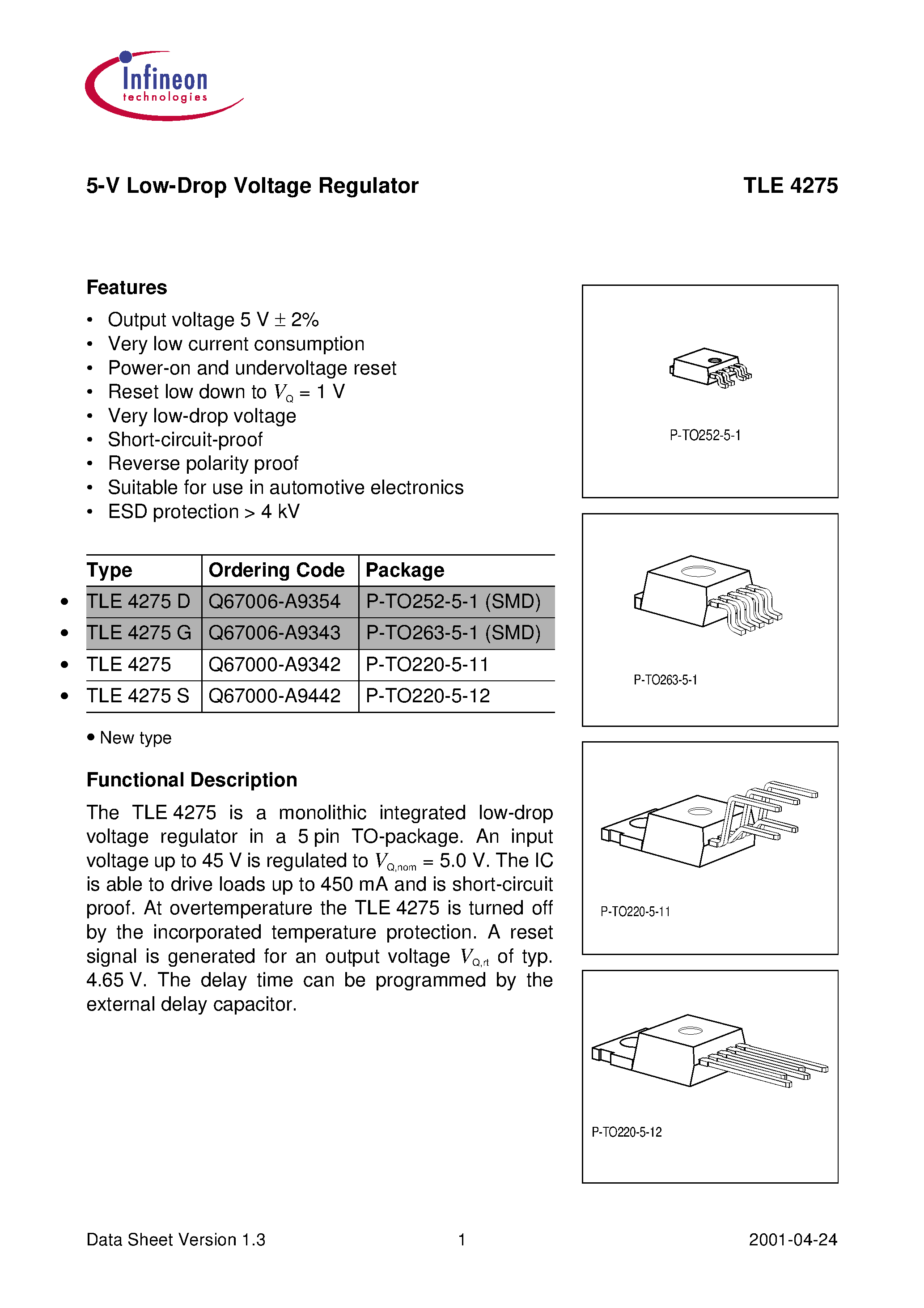 Datasheet TLE4275 - 5-V Low-Drop Voltage Regulator page 1