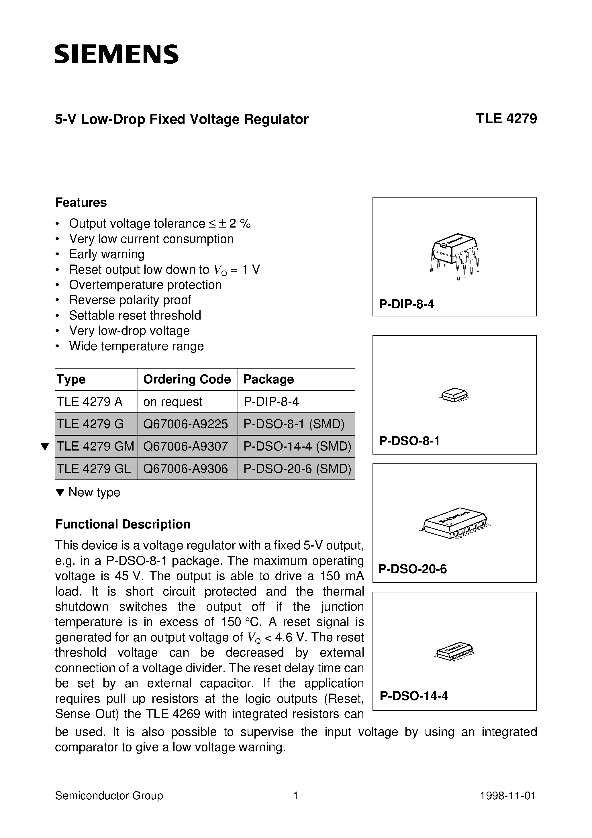 Даташит TLE4279GM - 5-V Low-Drop Fixed Voltage Regulator страница 1