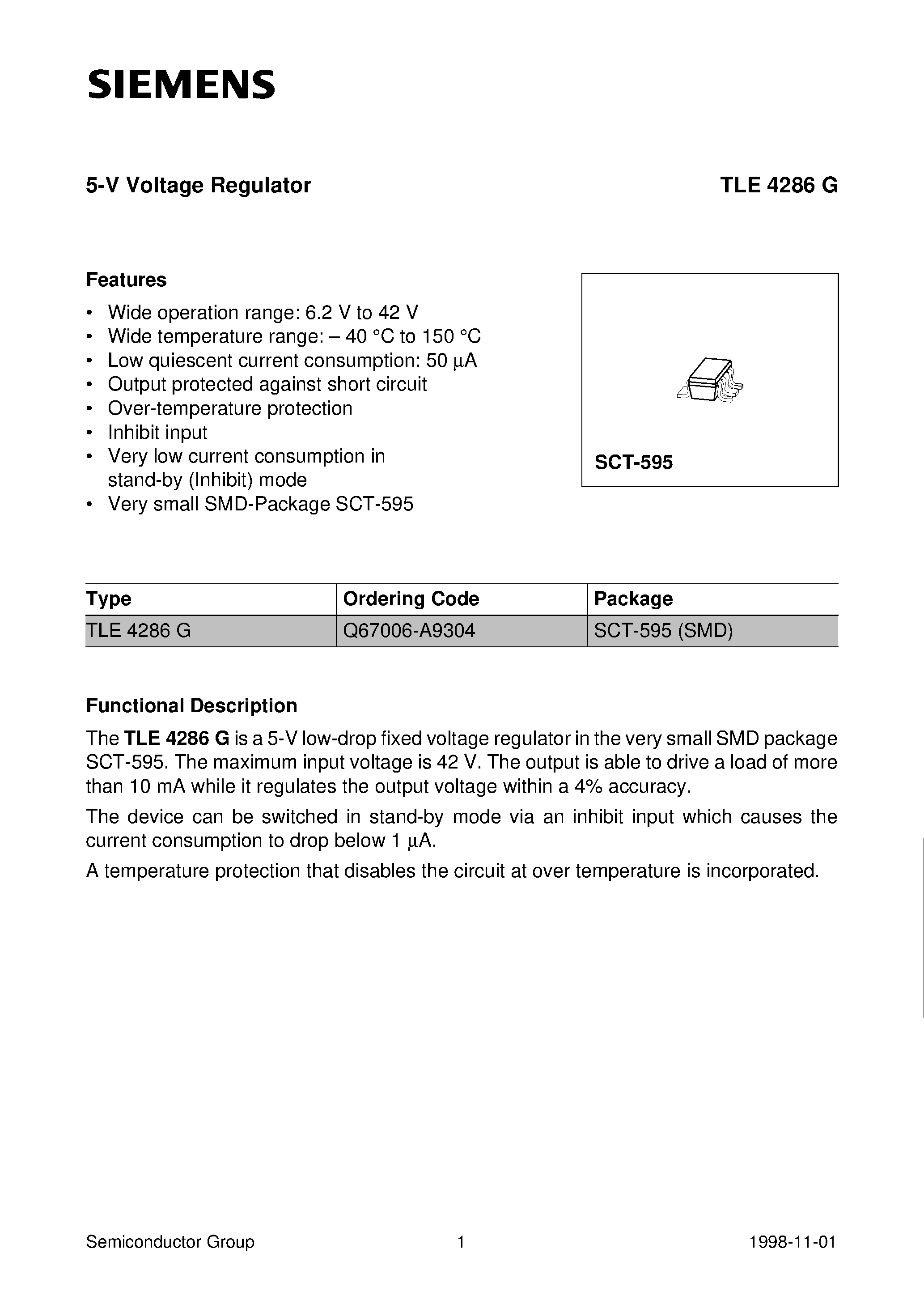 Даташит TLE4286G - 5-V Voltage Regulator страница 1