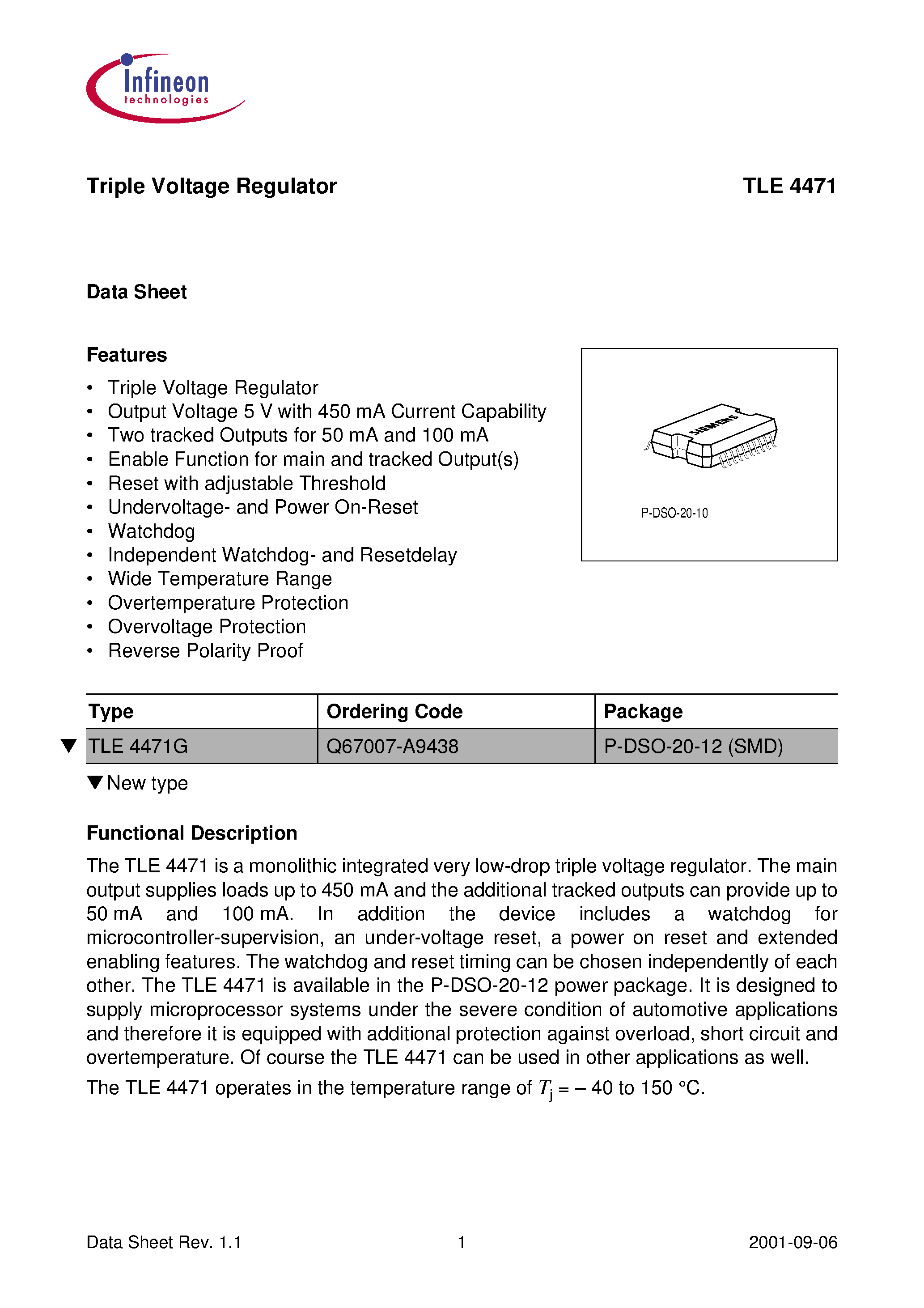 Даташит на микросхему TLE4471G страница 1 Даташит TLE4471G - Triple Voltage Regulator страница 1