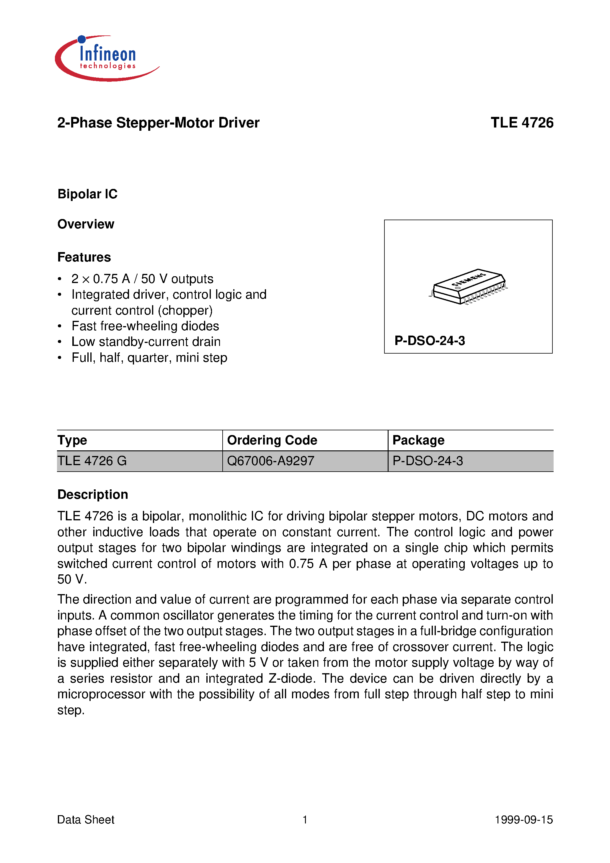 Datasheet TLE4726 - 2-Phase Stepper-Motor Driver page 1