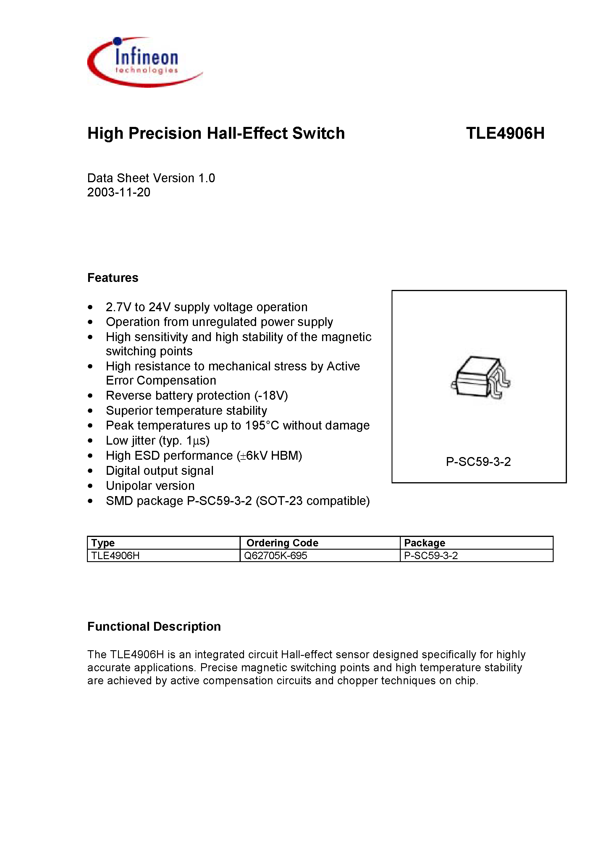 Datasheet TLE4906H - High Precision Hall-Effect Switch page 1