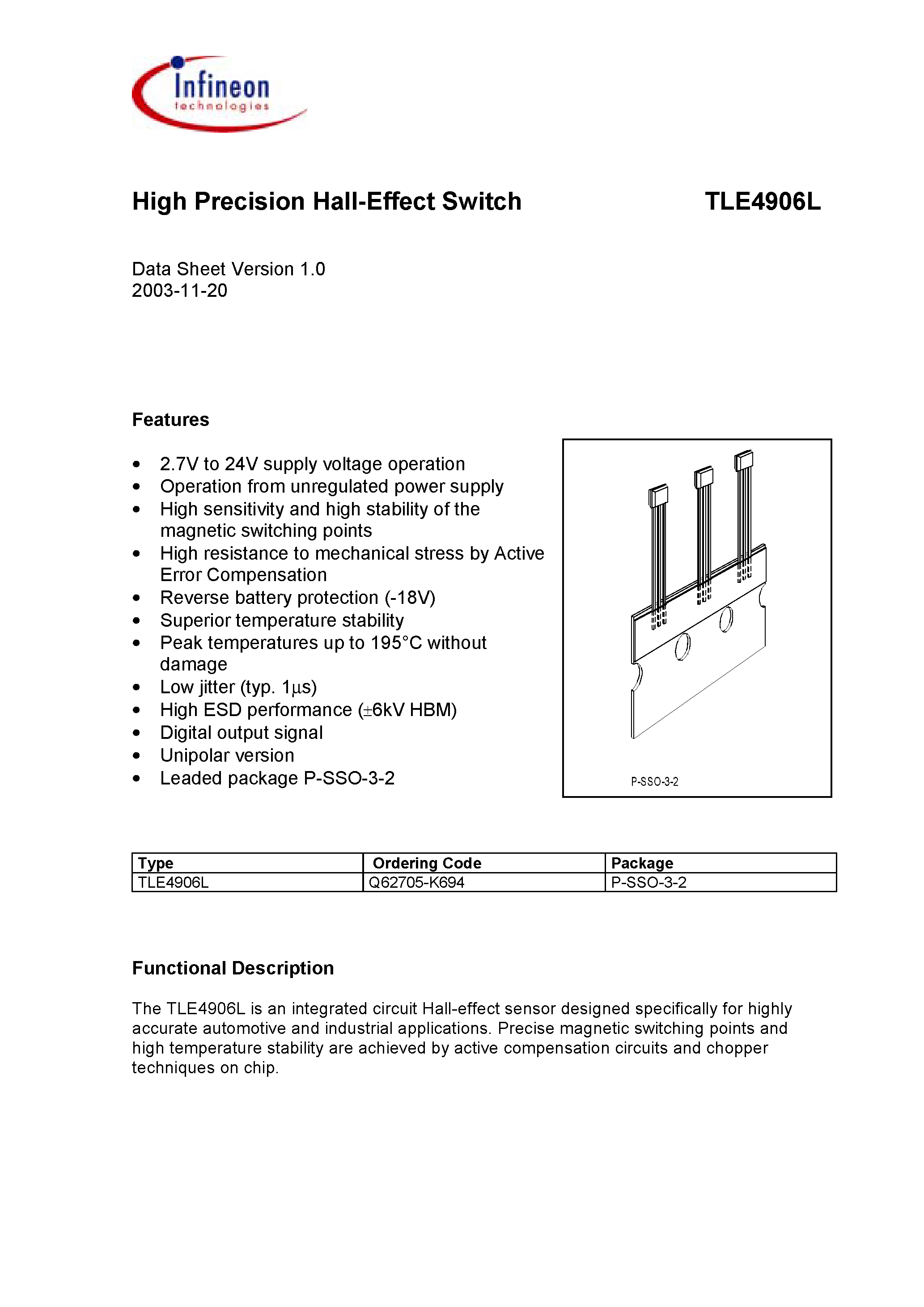 Datasheet TLE4906L - High Precision Hall-Effect Switch page 1