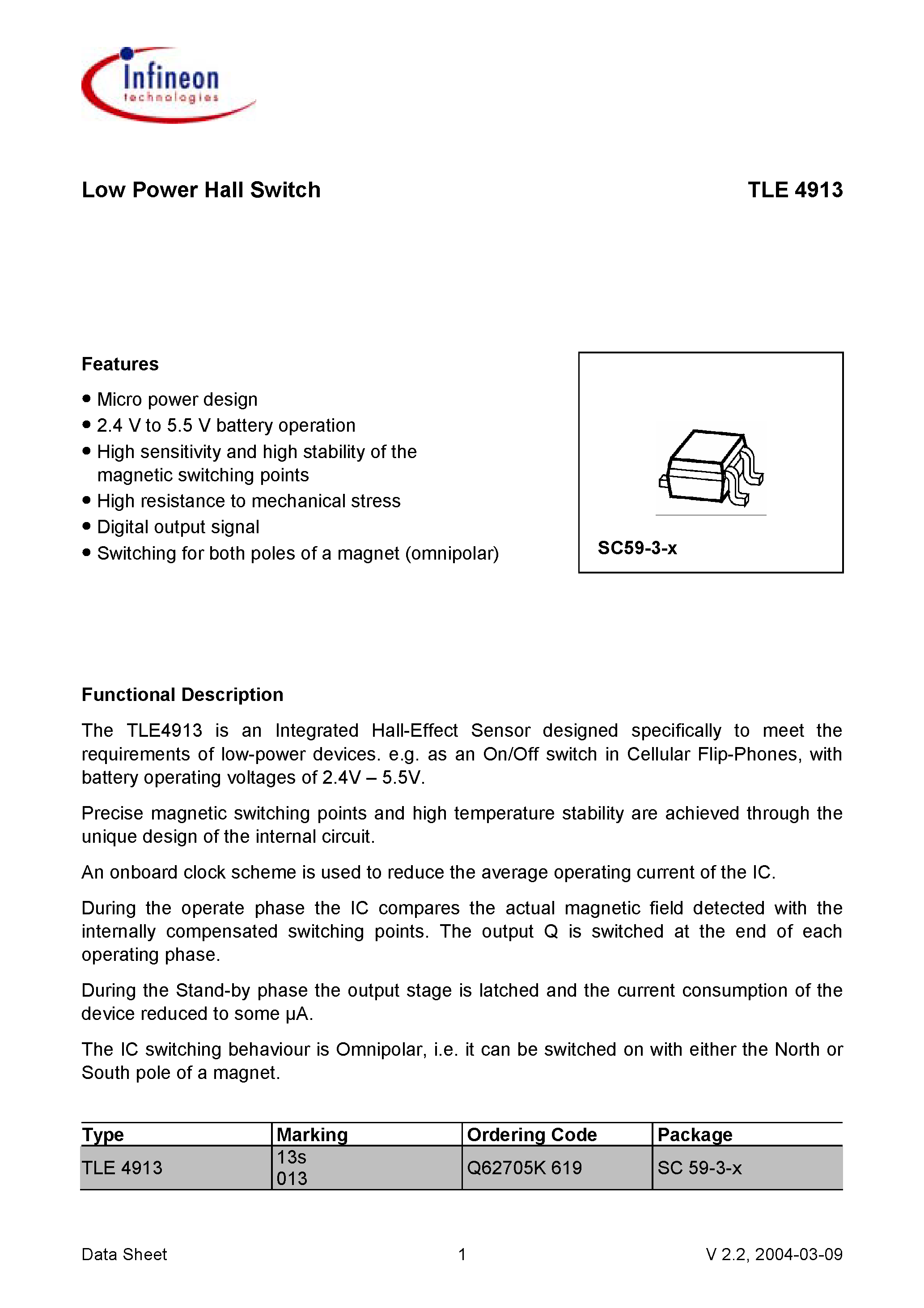 Datasheet TLE4913 - Low Power Hall Switch page 1