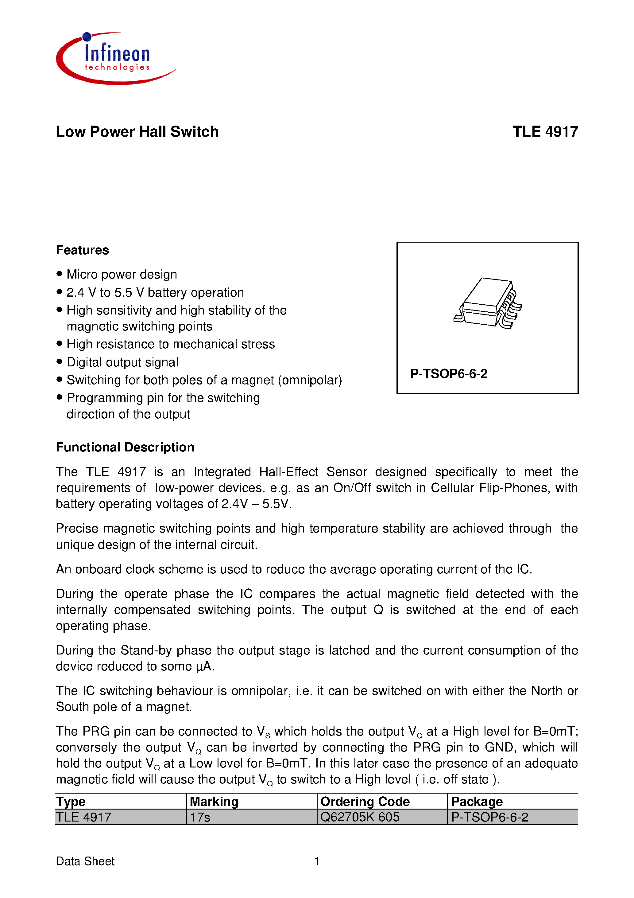 Datasheet TLE4917 page 1 Datasheet TLE4917 - Low Power Hall Switch page 1