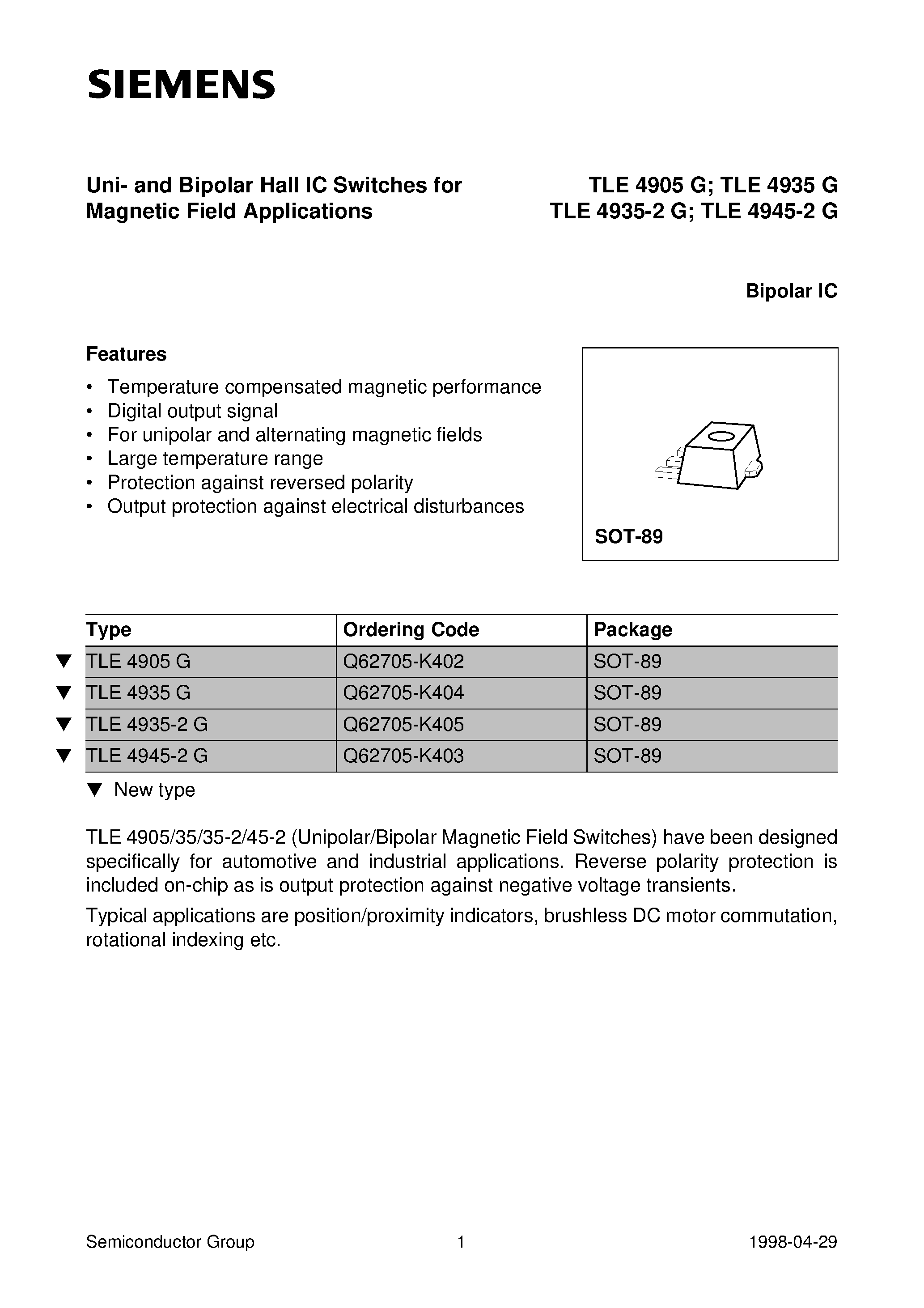 Даташит на микросхему TLE4935 страница 1 Даташит TLE4935 - Uni- and Bipolar Hall IC Switches for Magnetic Field Applications страница 1