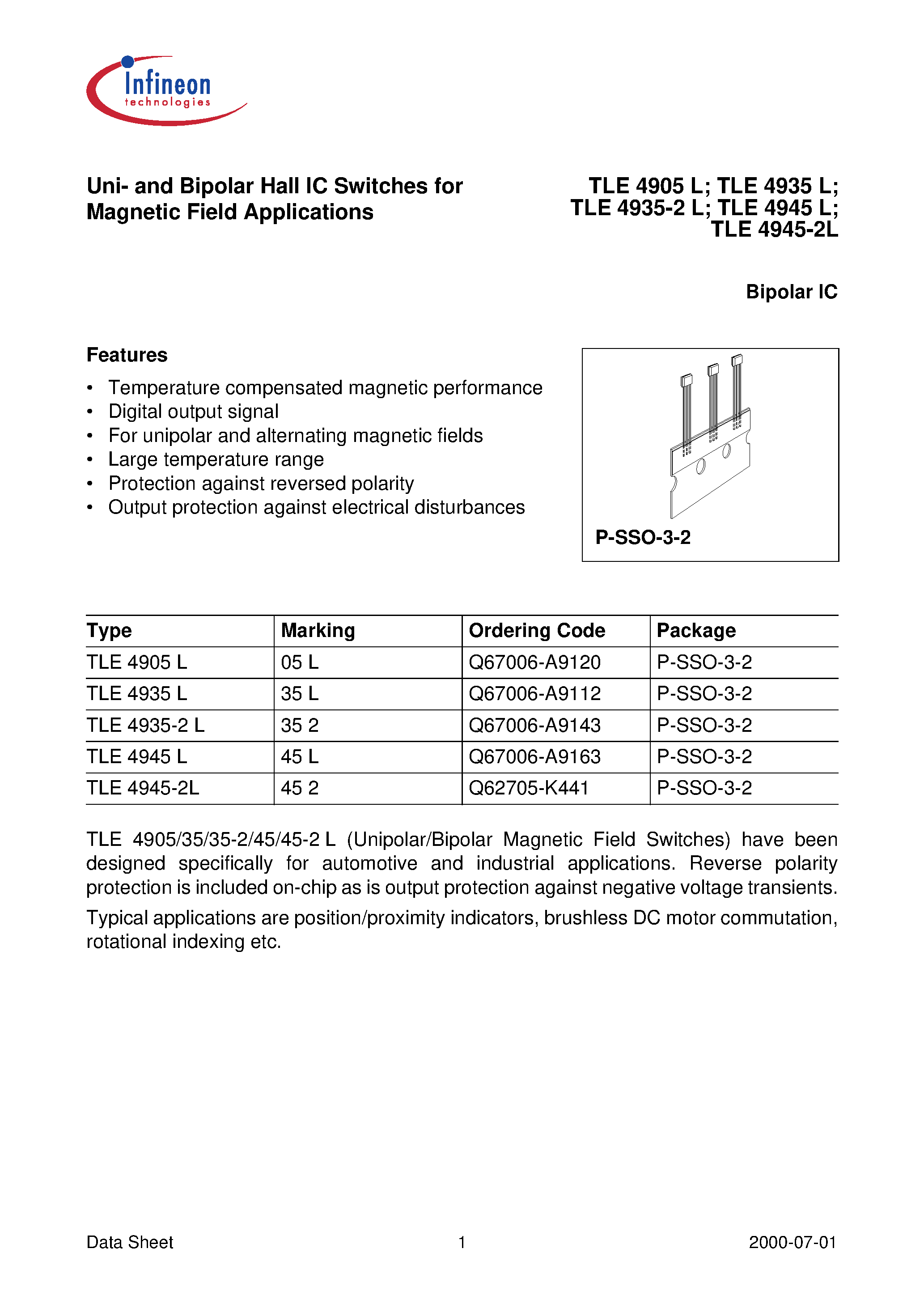 Даташит на микросхему TLE4935 страница 1 Даташит TLE4935 - Uni- and Bipolar Hall IC Switches for Magnetic Field Applications страница 1