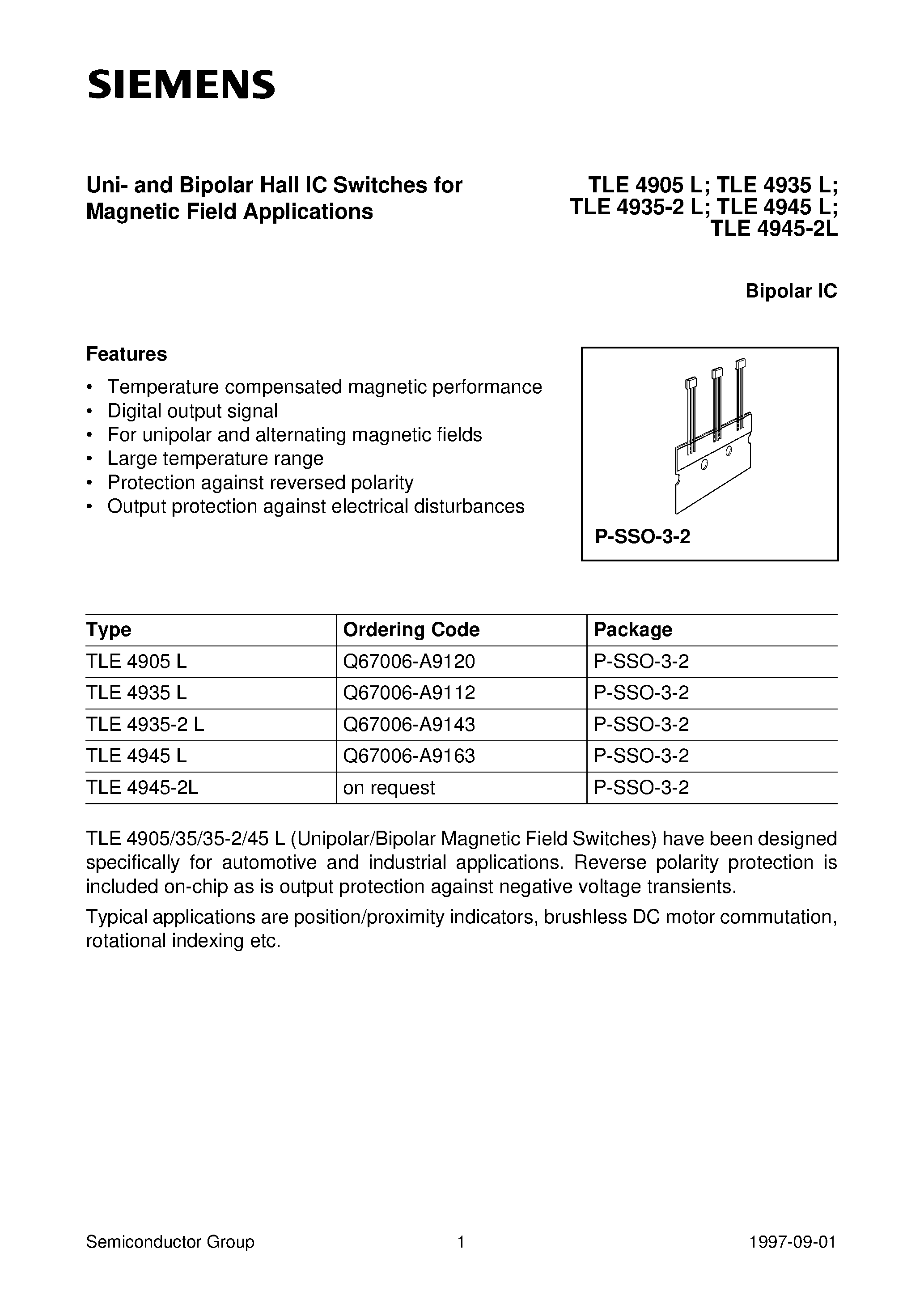 Даташит на микросхему TLE4935L страница 1 Даташит TLE4935L - Uni- and Bipolar Hall IC Switches for Magnetic Field Applications страница 1
