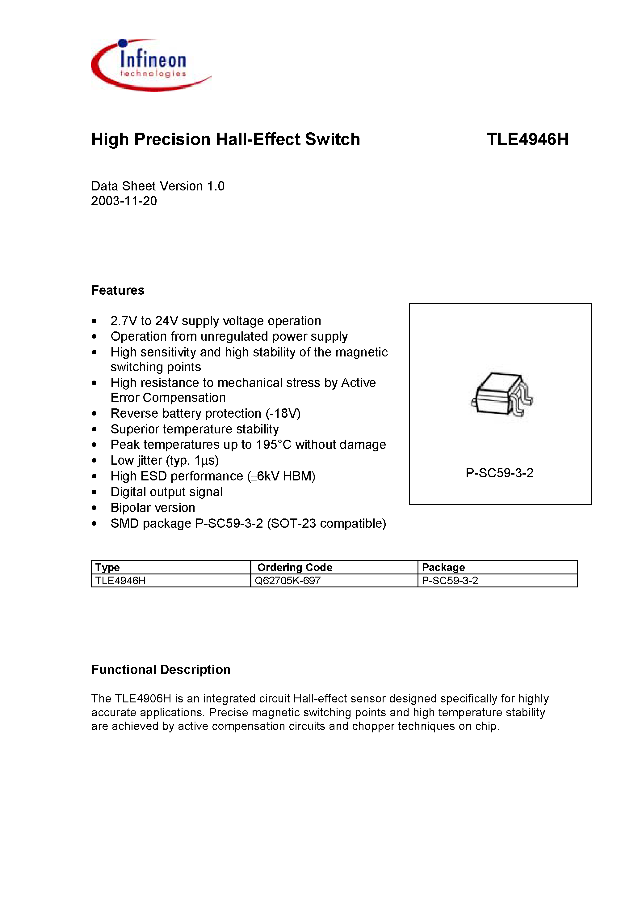 Datasheet TLE4946H - High Precision Hall-Effect Switch page 1