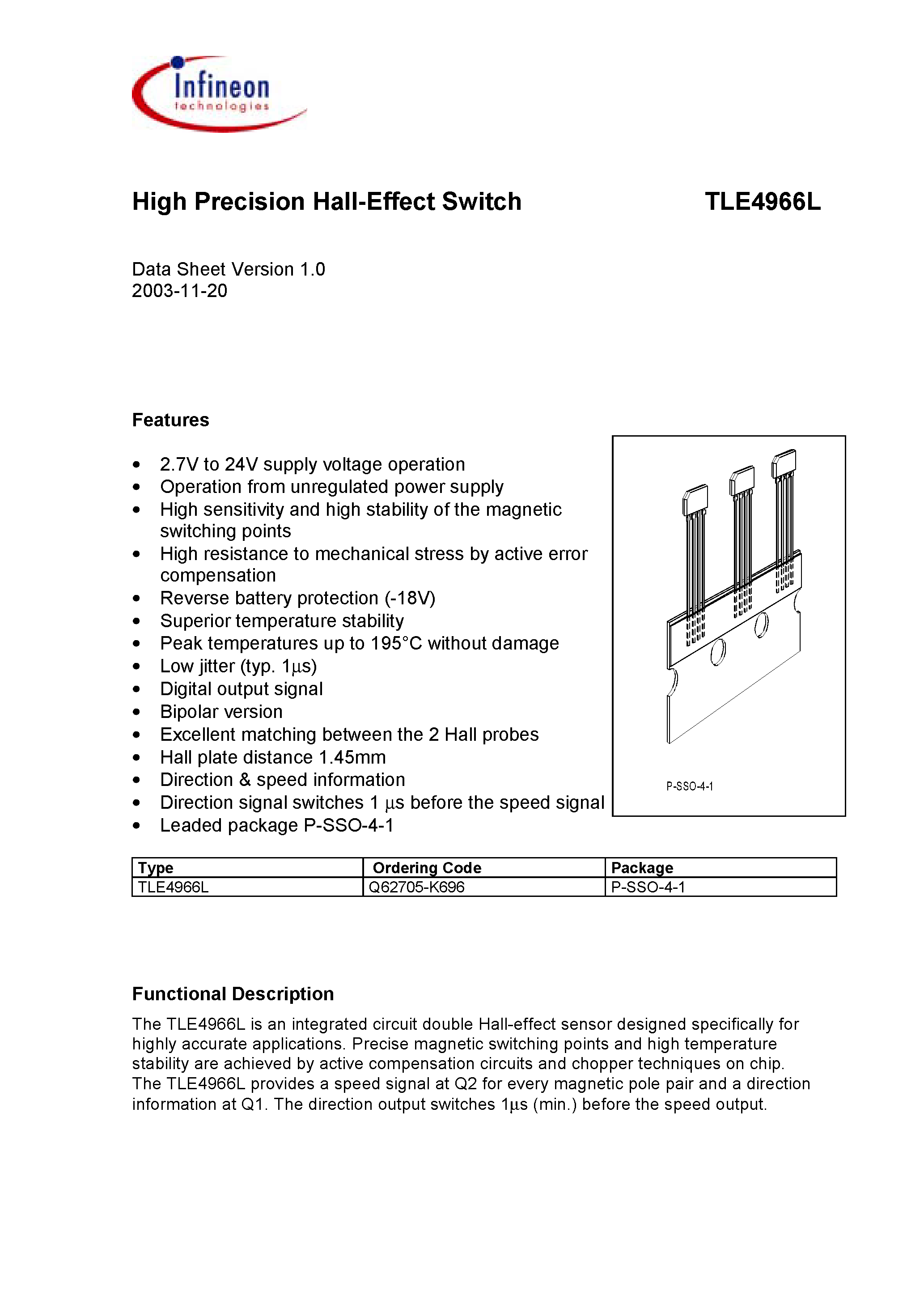 Datasheet TLE4966L page 1 Datasheet TLE4966L - High Precision Hall-Effect Switch page 1