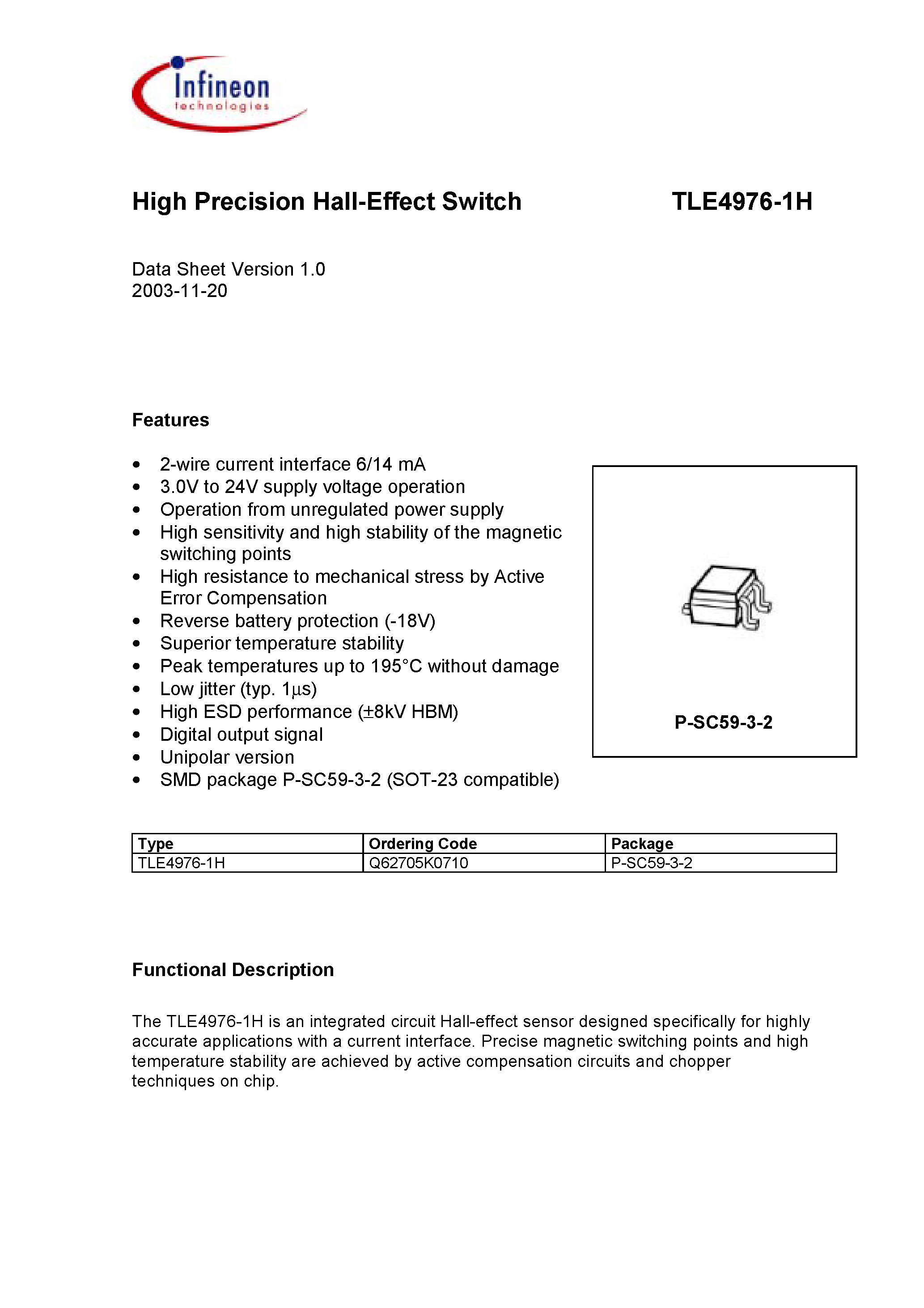 Datasheet TLE4976-1H - High Precision Hall-Effect Switch page 1