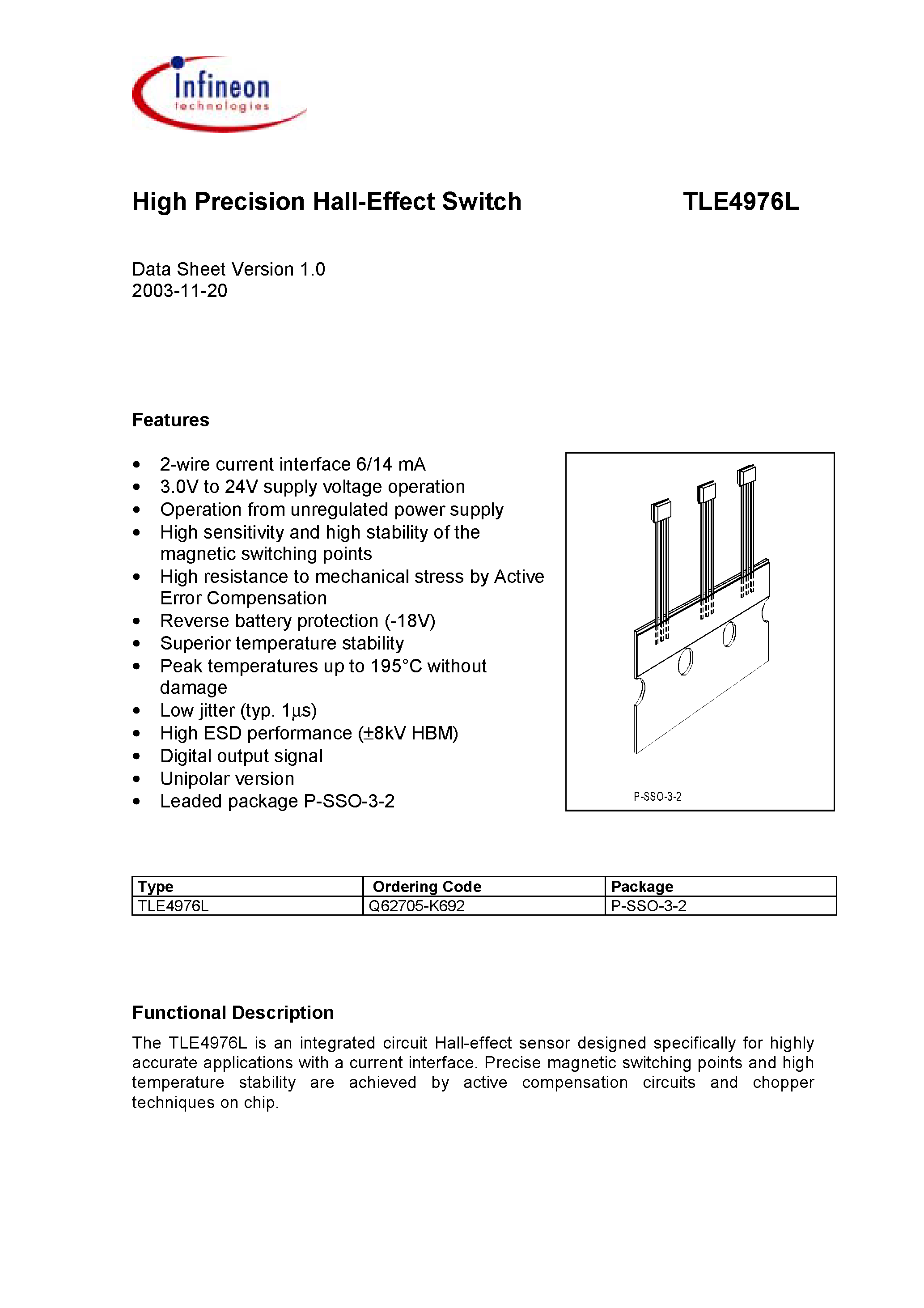 Datasheet TLE4976L - High Precision Hall-Effect Switch page 1
