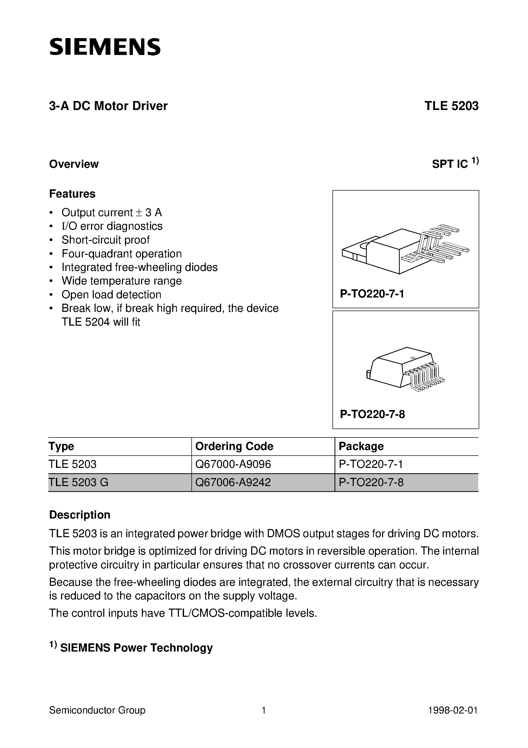 Datasheet TLE5203G - 3-A DC Motor Driver page 1