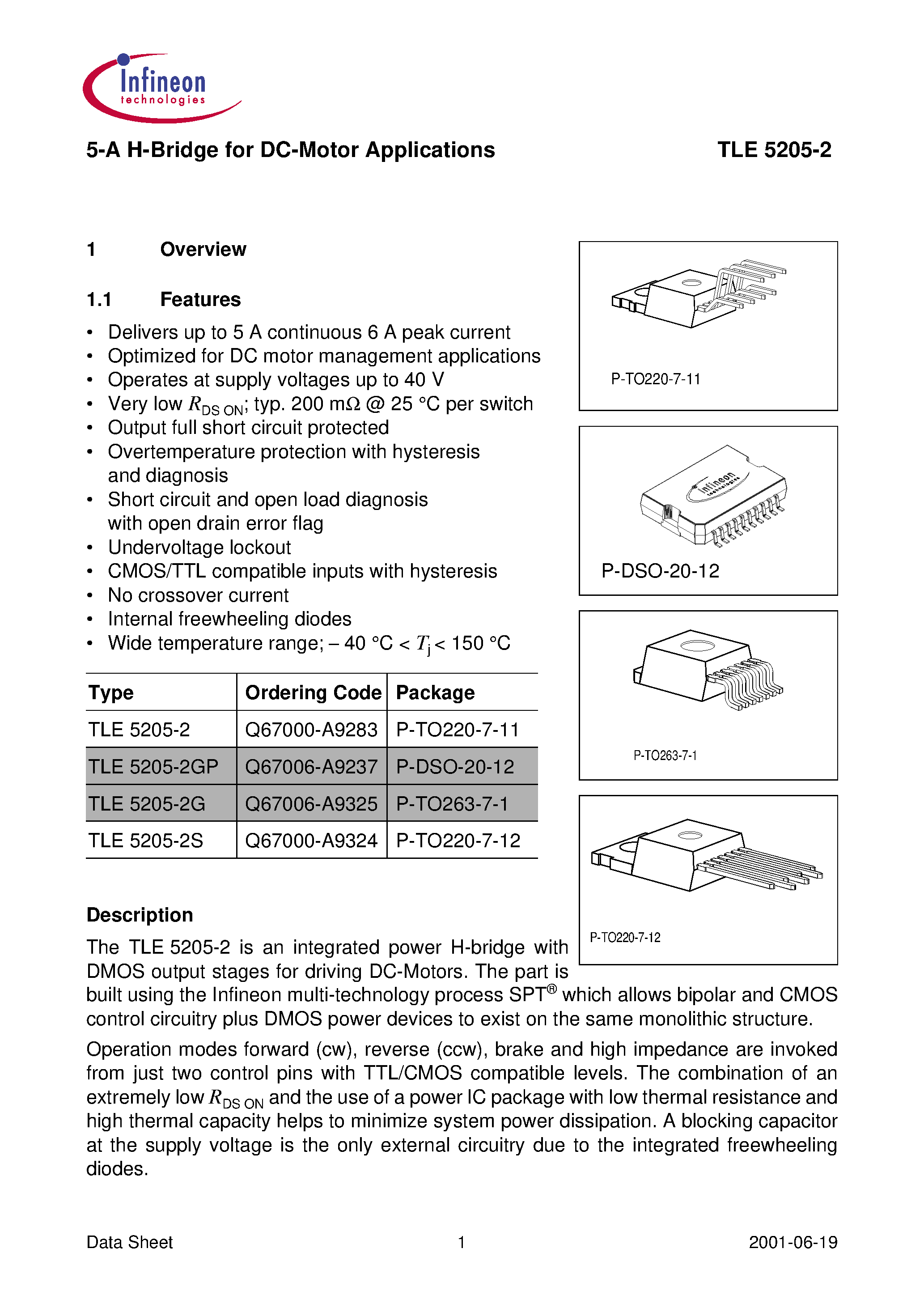 Даташит на микросхему TLE5205-2 страница 1 Даташит TLE5205-2 - 5-A H-Bridge for DC-Motor Applications страница 1