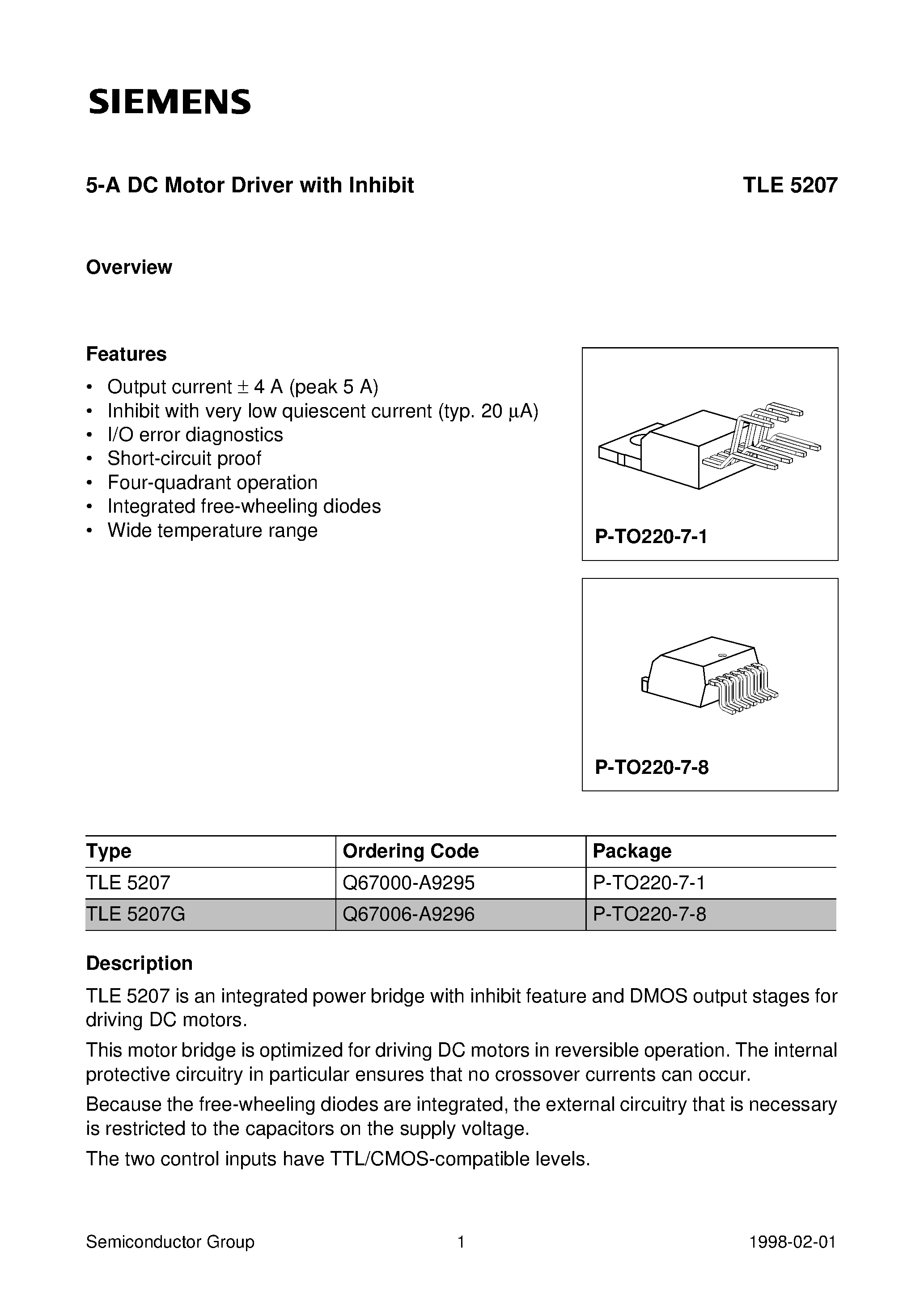 Datasheet TLE5207 - 5-A DC Motor Driver with Inhibit page 1