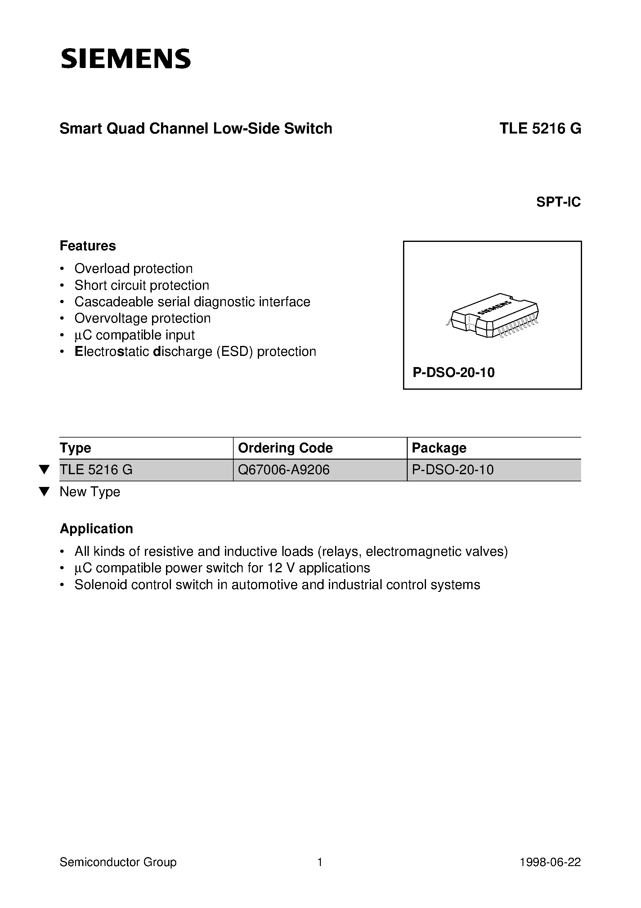 Datasheet TLE5216 page 1 Datasheet TLE5216 - Smart Quad Channel Low-Side Switch page 1