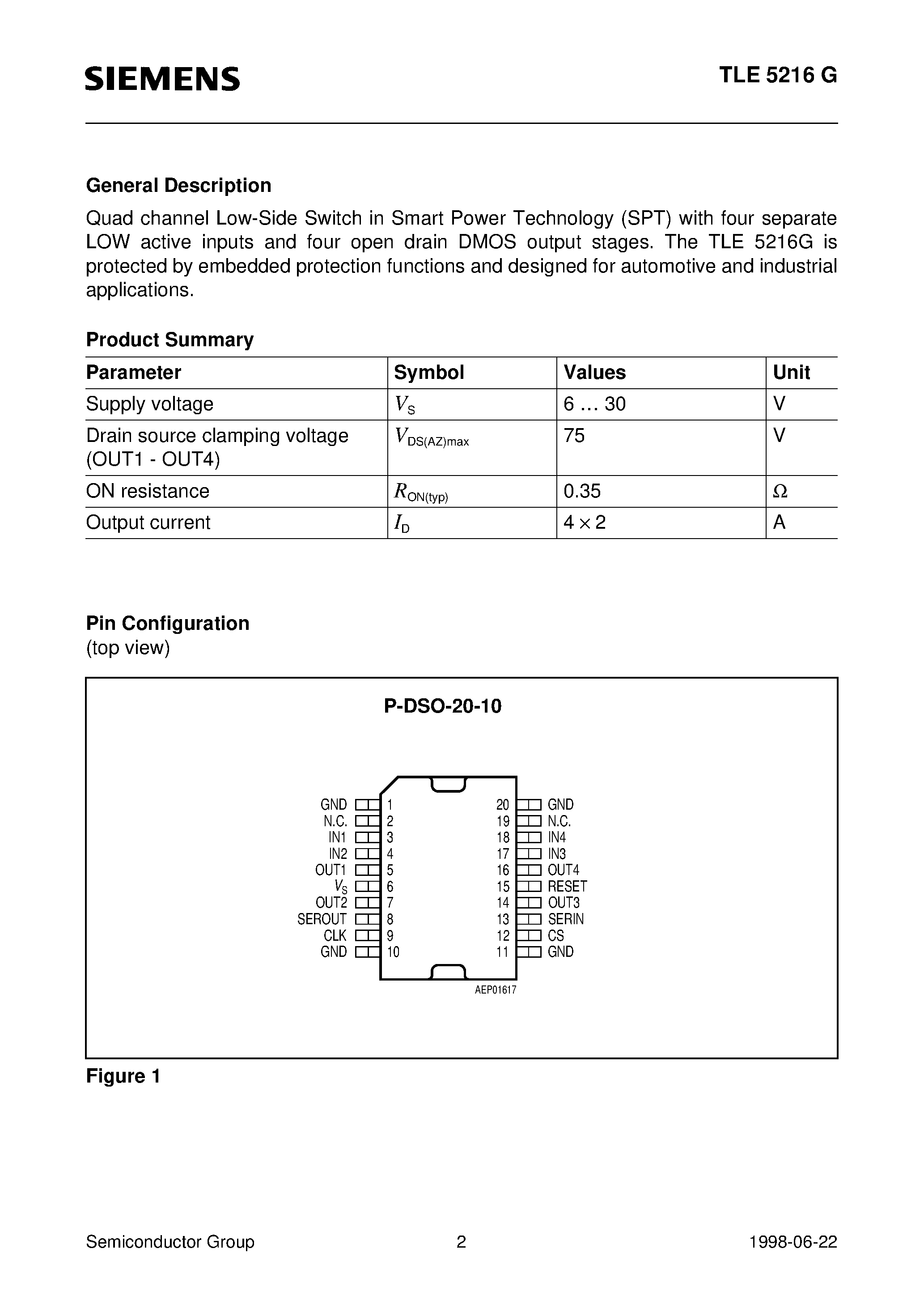 Datasheet TLE5216G - Smart Quad Channel Low-Side Switch page 2