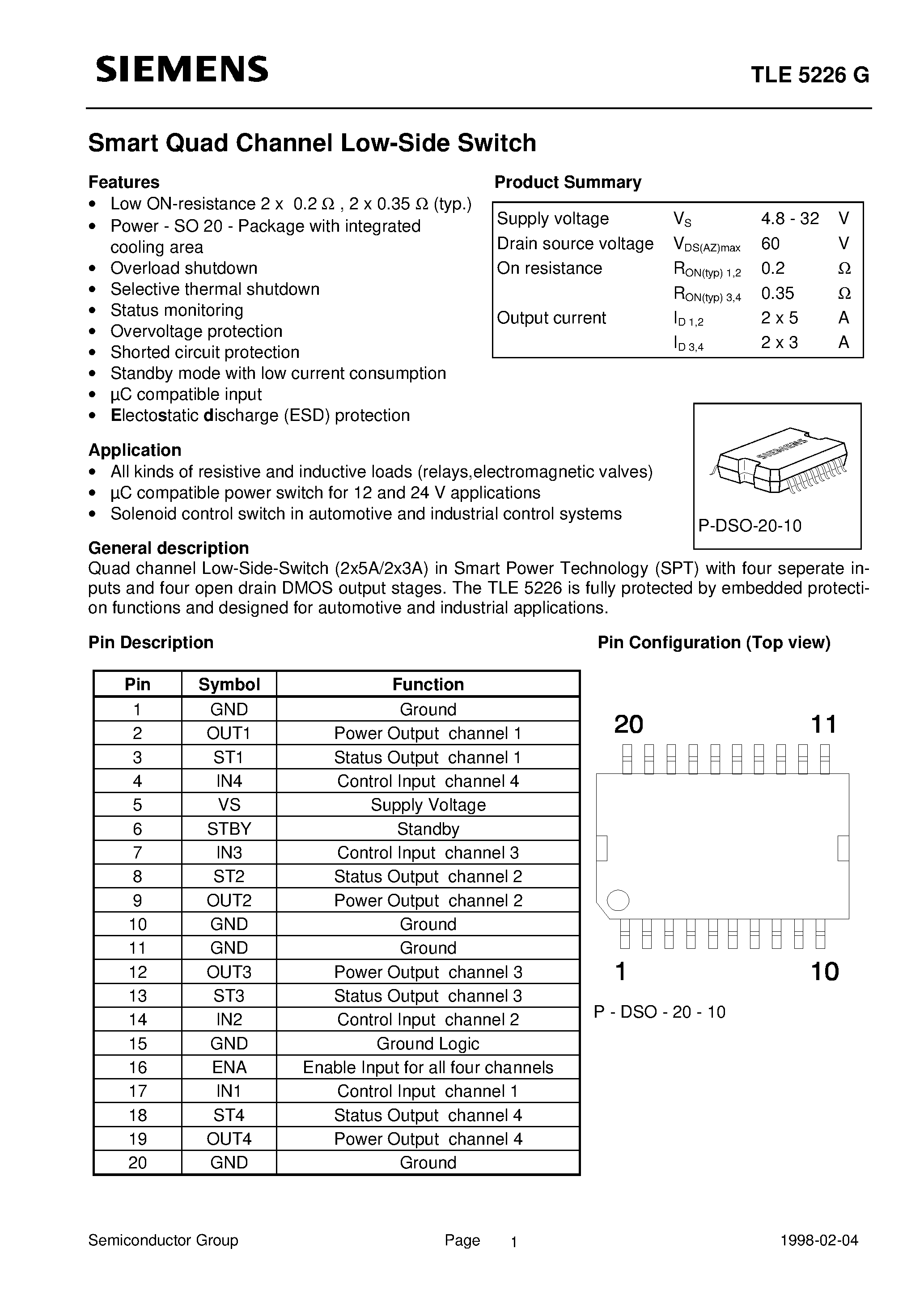 Datasheet TLE5226G - Smart Quad Channel Low-Side Switch page 1