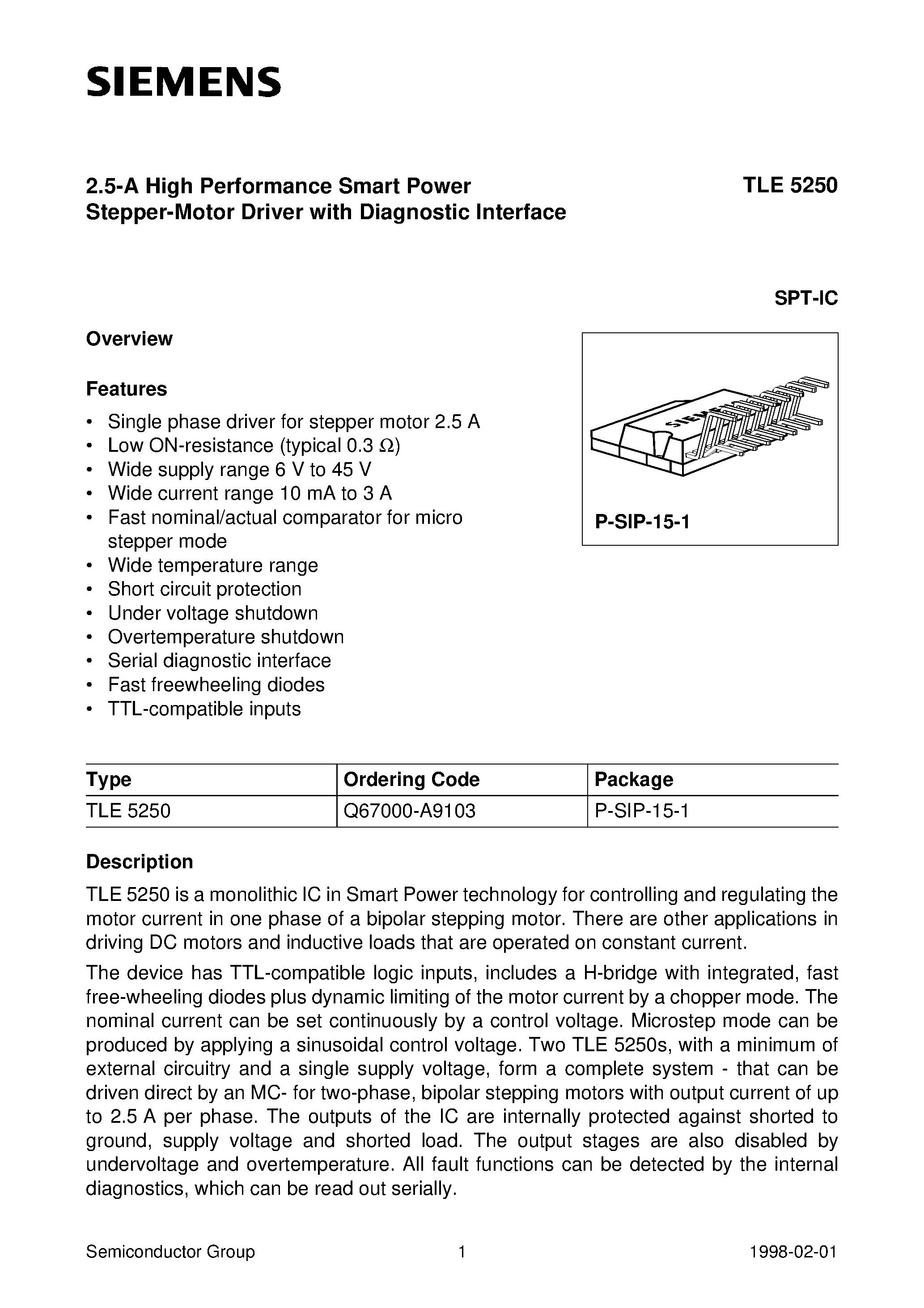 Datasheet TLE5250 - 2.5-A High Performance Smart Power Stepper-Motor Driver with Diagnostic Interface page 1