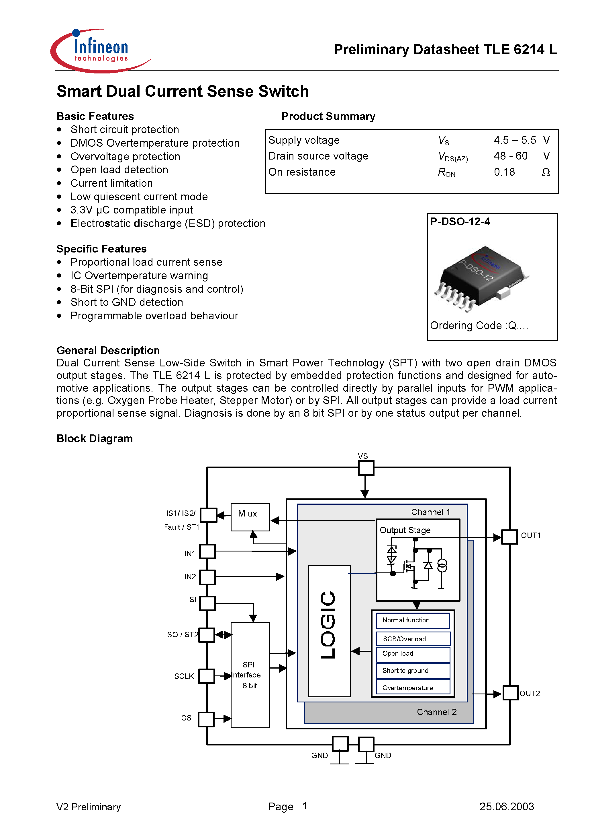 Datasheet TLE6214L - Smart Dual Current Sense Switch page 1