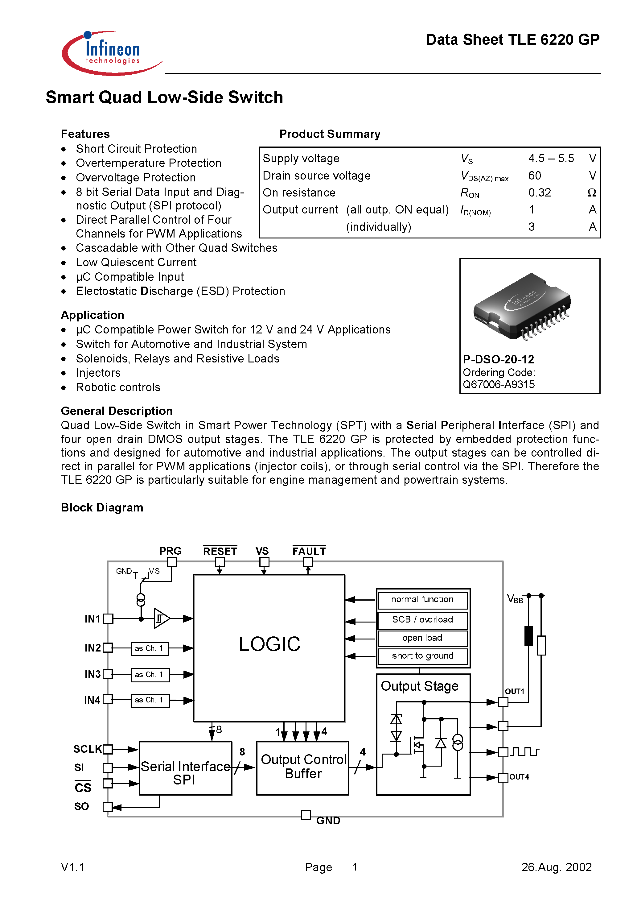Datasheet TLE6220GP - Smart Quad Low-Side Switch page 1