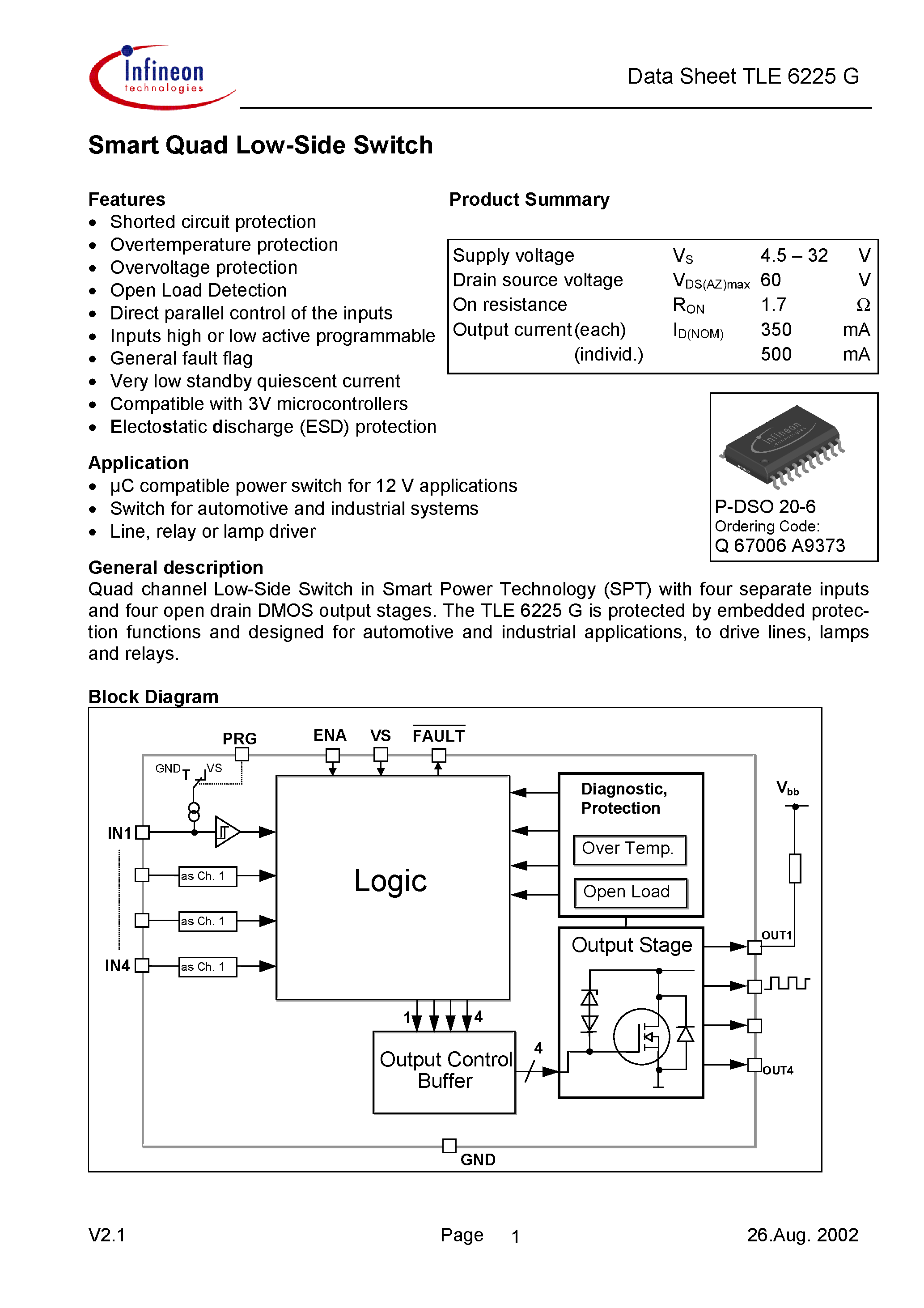 Datasheet TLE6225G - Smart Quad Low-Side Switch page 1