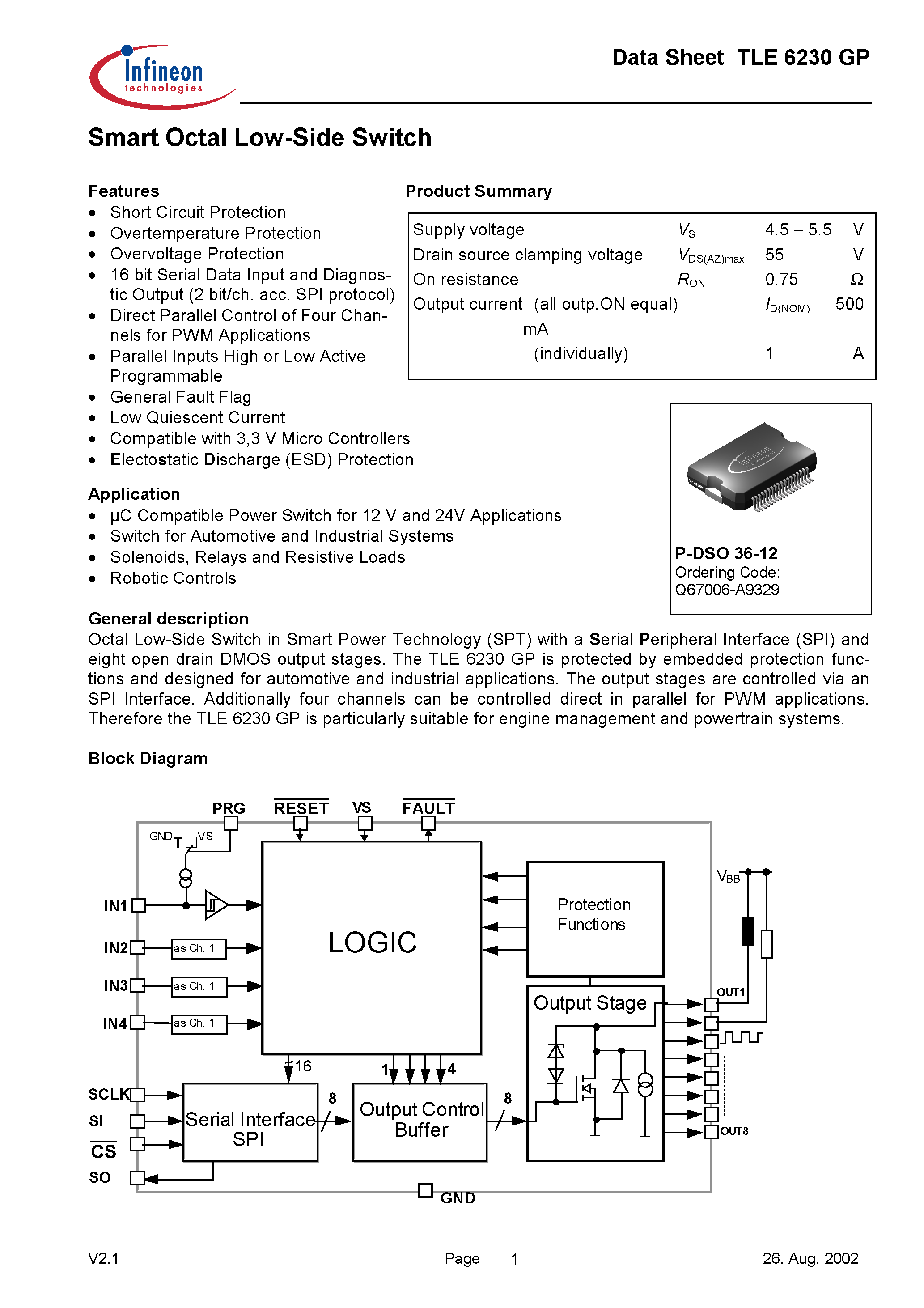 Datasheet TLE6230GP - Smart Octal Low-Side Switch page 1
