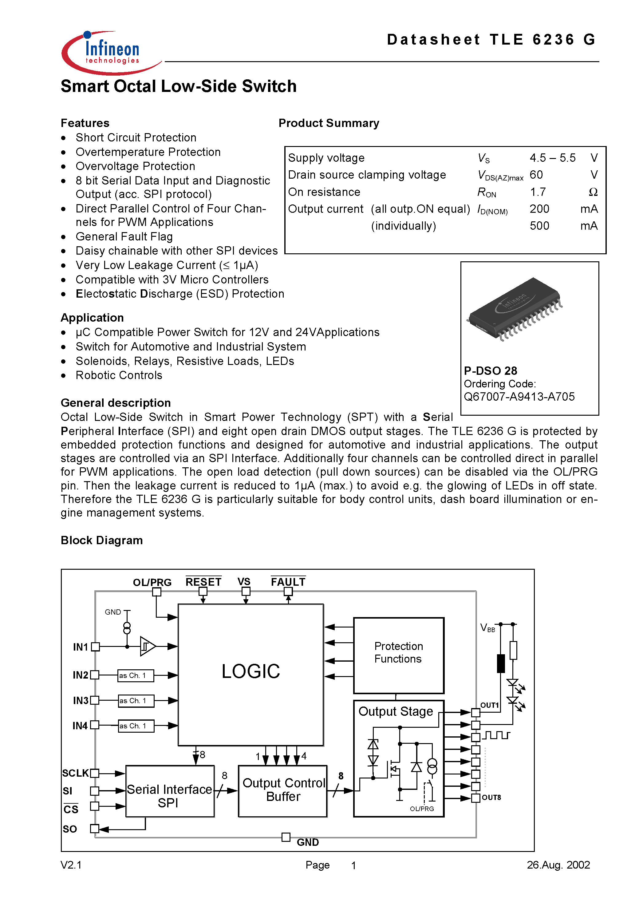 Datasheet TLE6236G - Smart Octal Low-Side Switch page 1