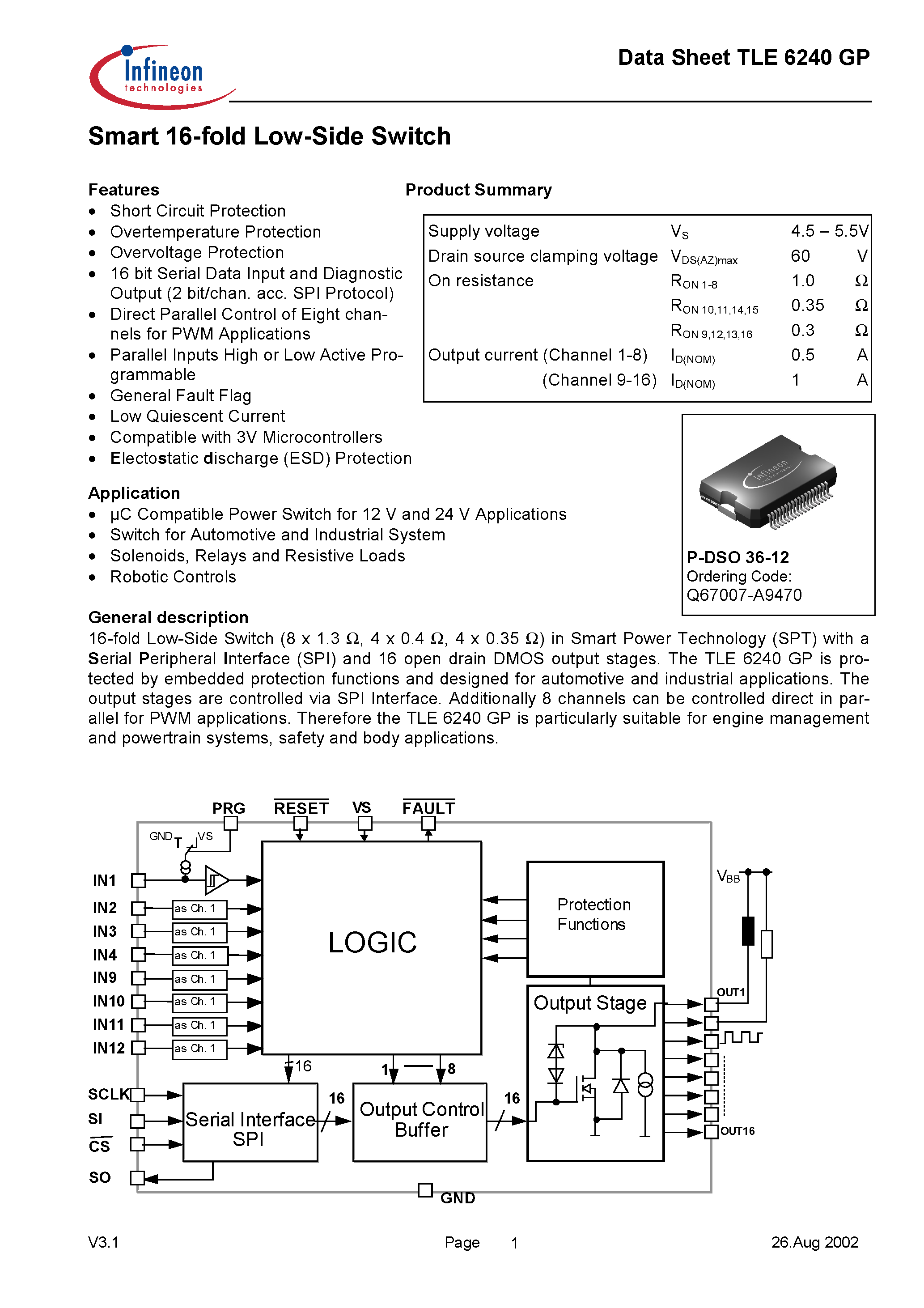 Даташит на микросхему TLE6240GP страница 1 Даташит TLE6240GP - Smart 16-fold Low-Side Switch страница 1