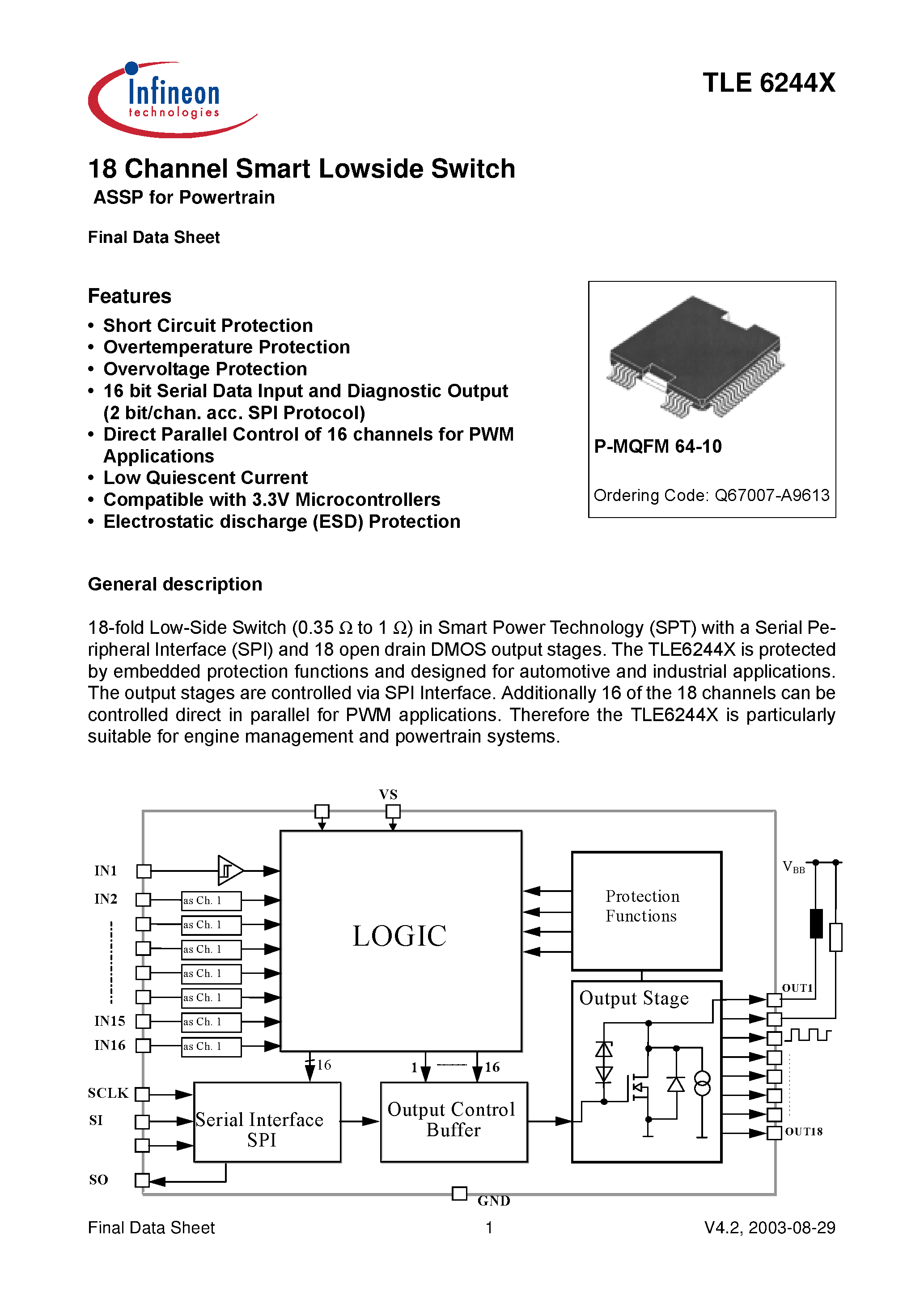 Datasheet TLE6244 - 18 Channel Smart Lowside Switch page 1