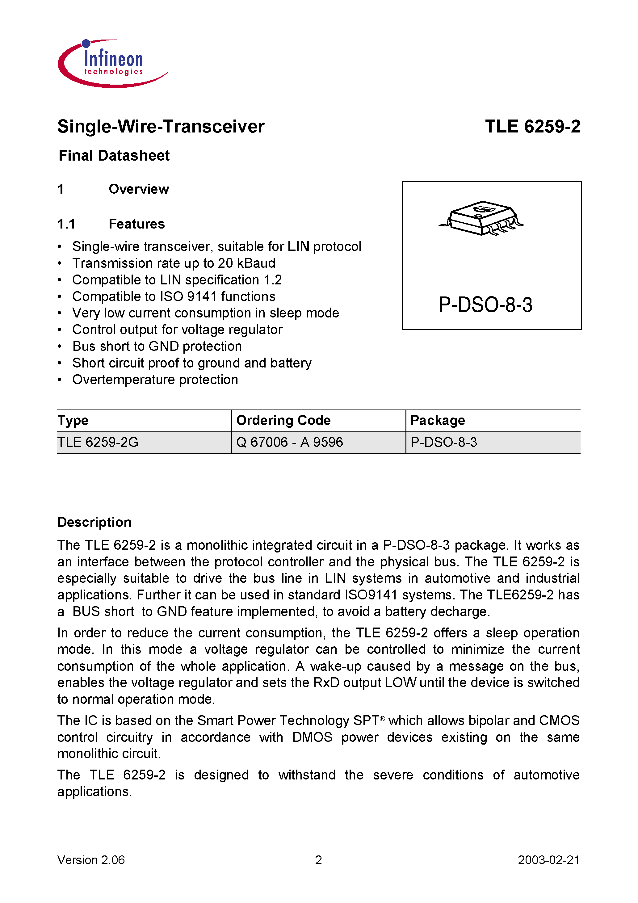 Даташит TLE6259-2 - Single-Wire-Transceiver страница 2