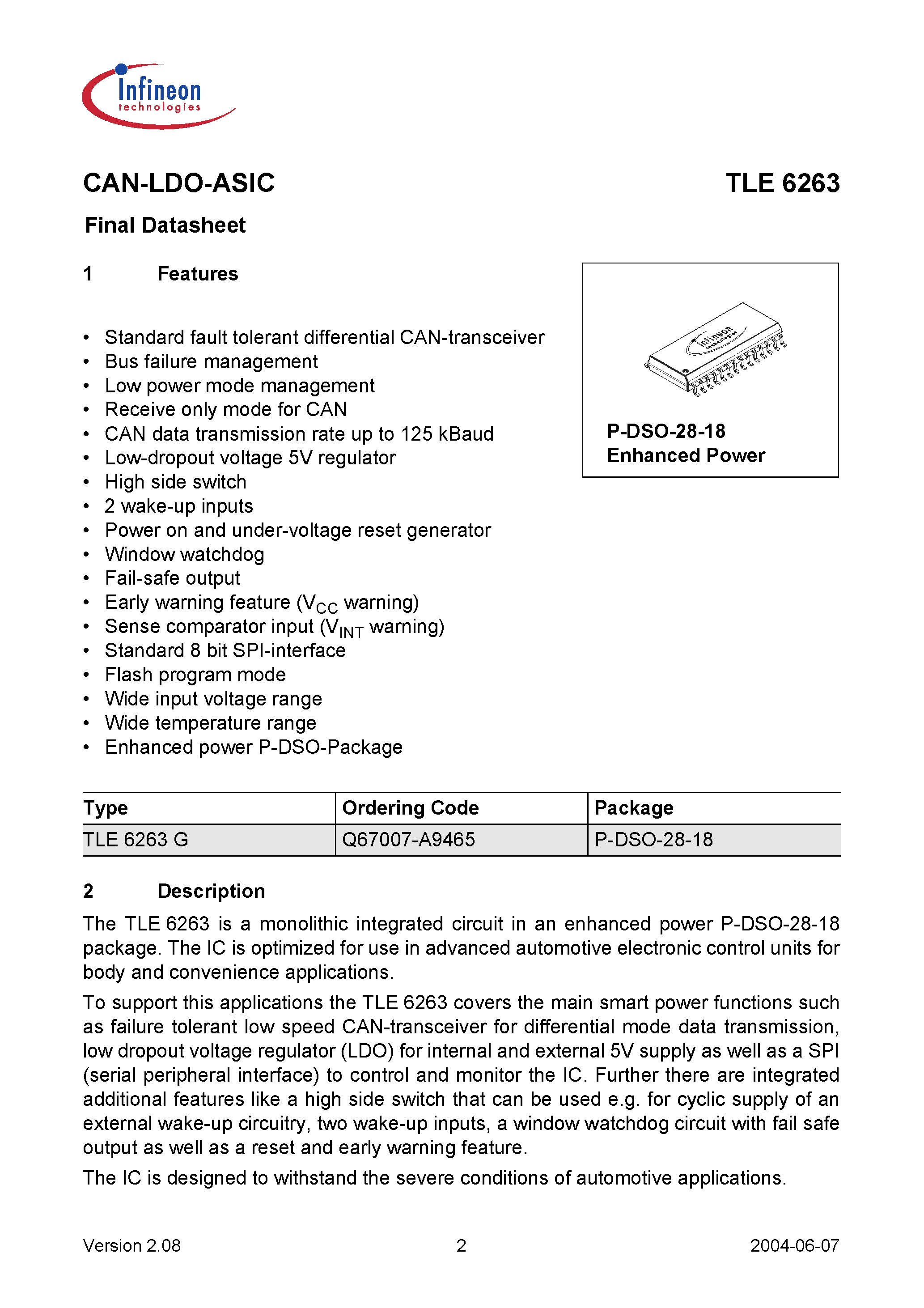 Datasheet TLE6263 - LS CAN/ LDO and HS Switch page 2