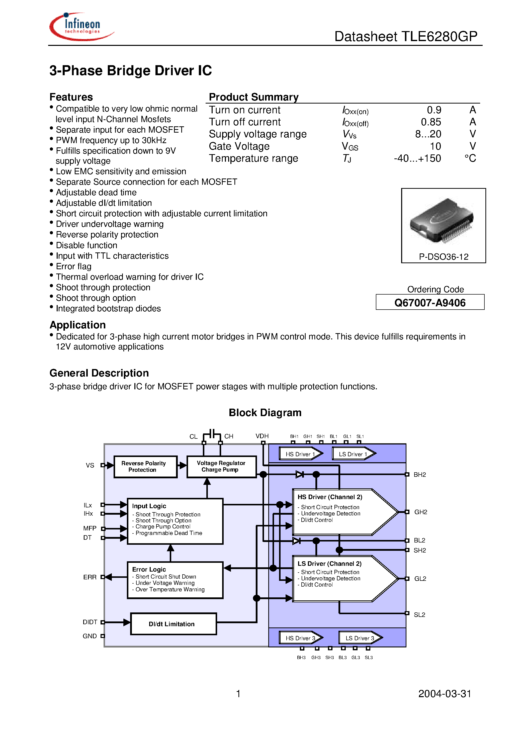 Datasheet TLE6280 - 3-Phase Bridge Driver IC page 1