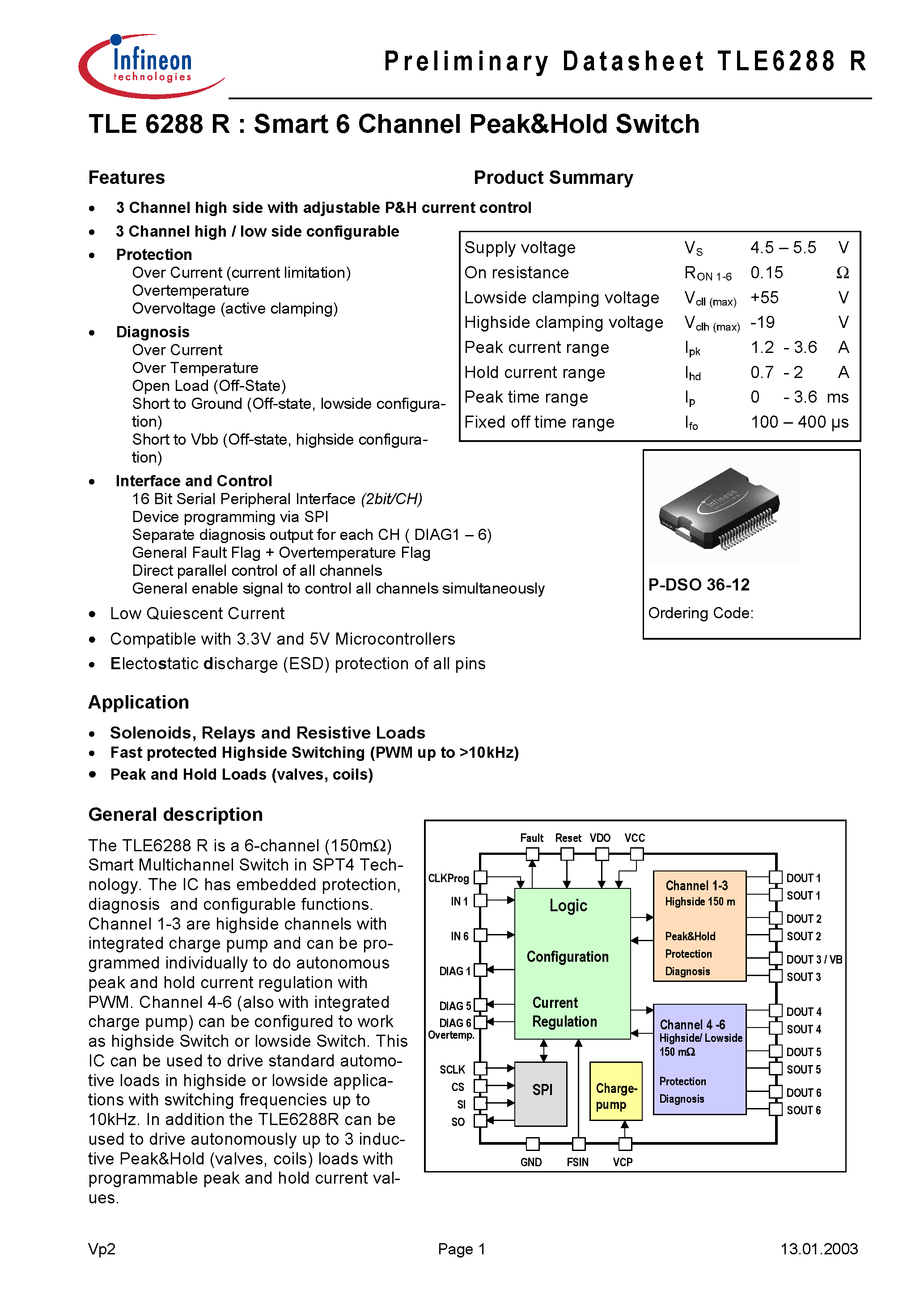 Datasheet TLE6288 - Smart 6 Channel Peak&Hold Switch page 1