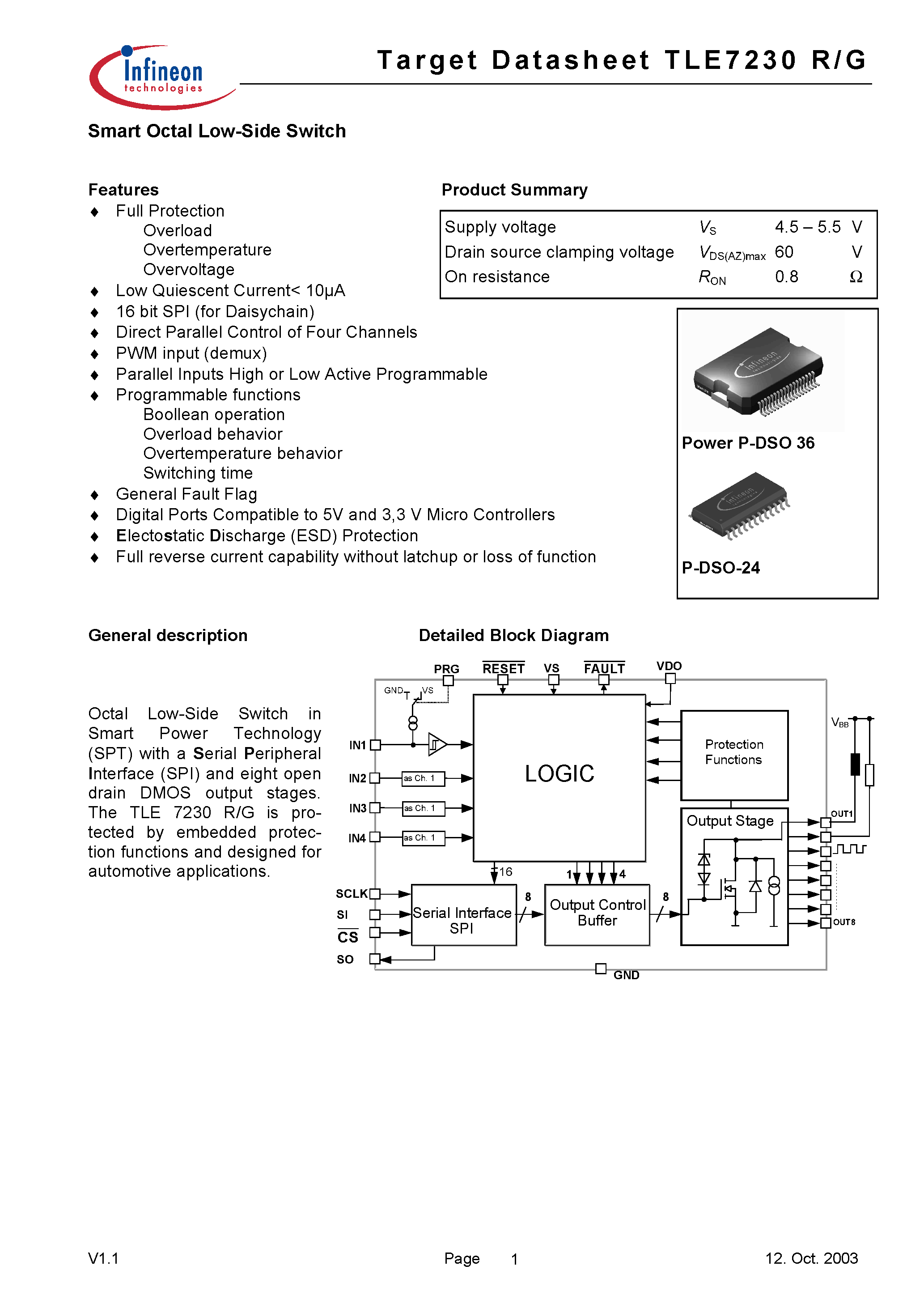 Datasheet TLE7230G - Smart Octal Low-Side Switch page 1