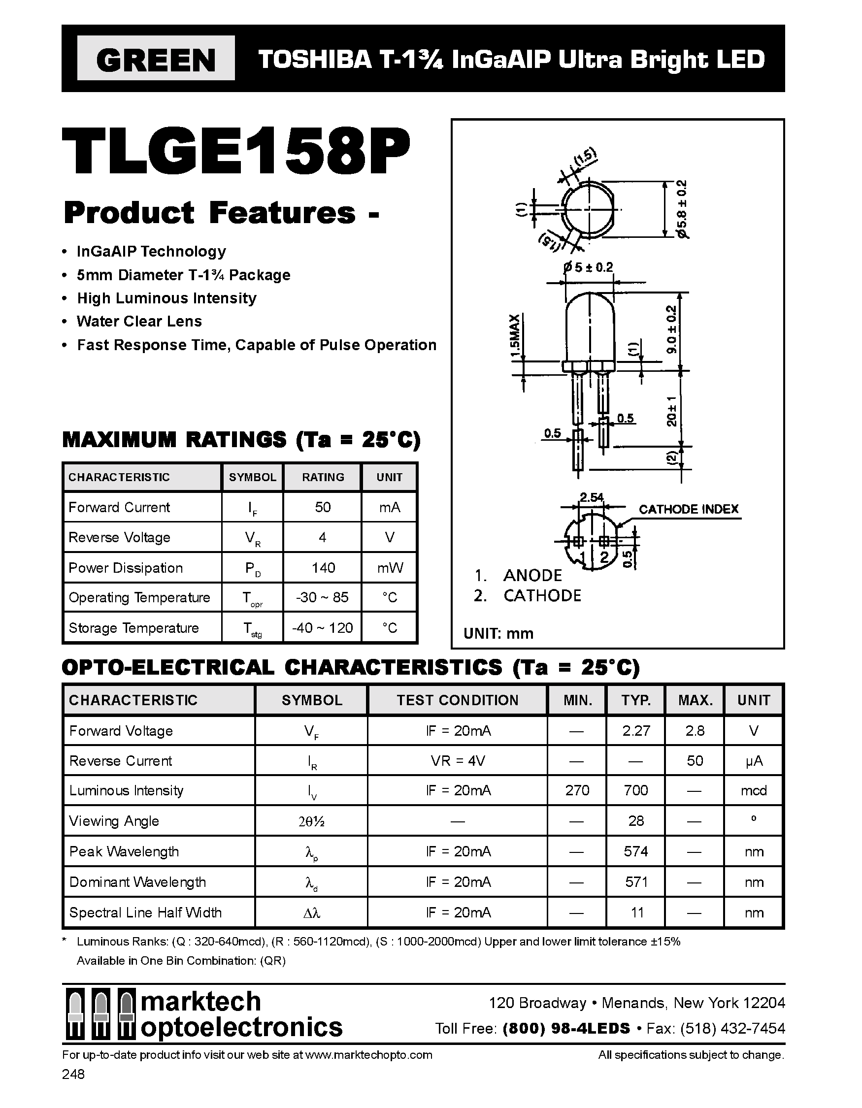 Datasheet TLGE158P - TOSHIBA T-1 3/4 InGaAIP Ultra Bright LED page 1