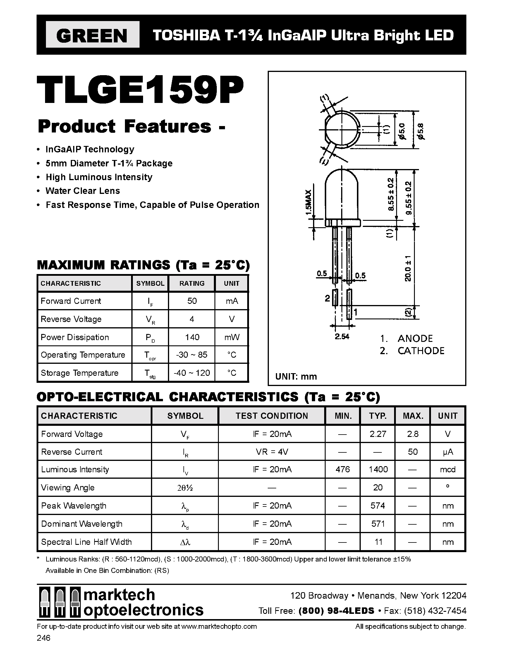 Datasheet TLGE159P - TOSHIBA T-1 3/4 InGaAIP Ultra Bright LED page 1