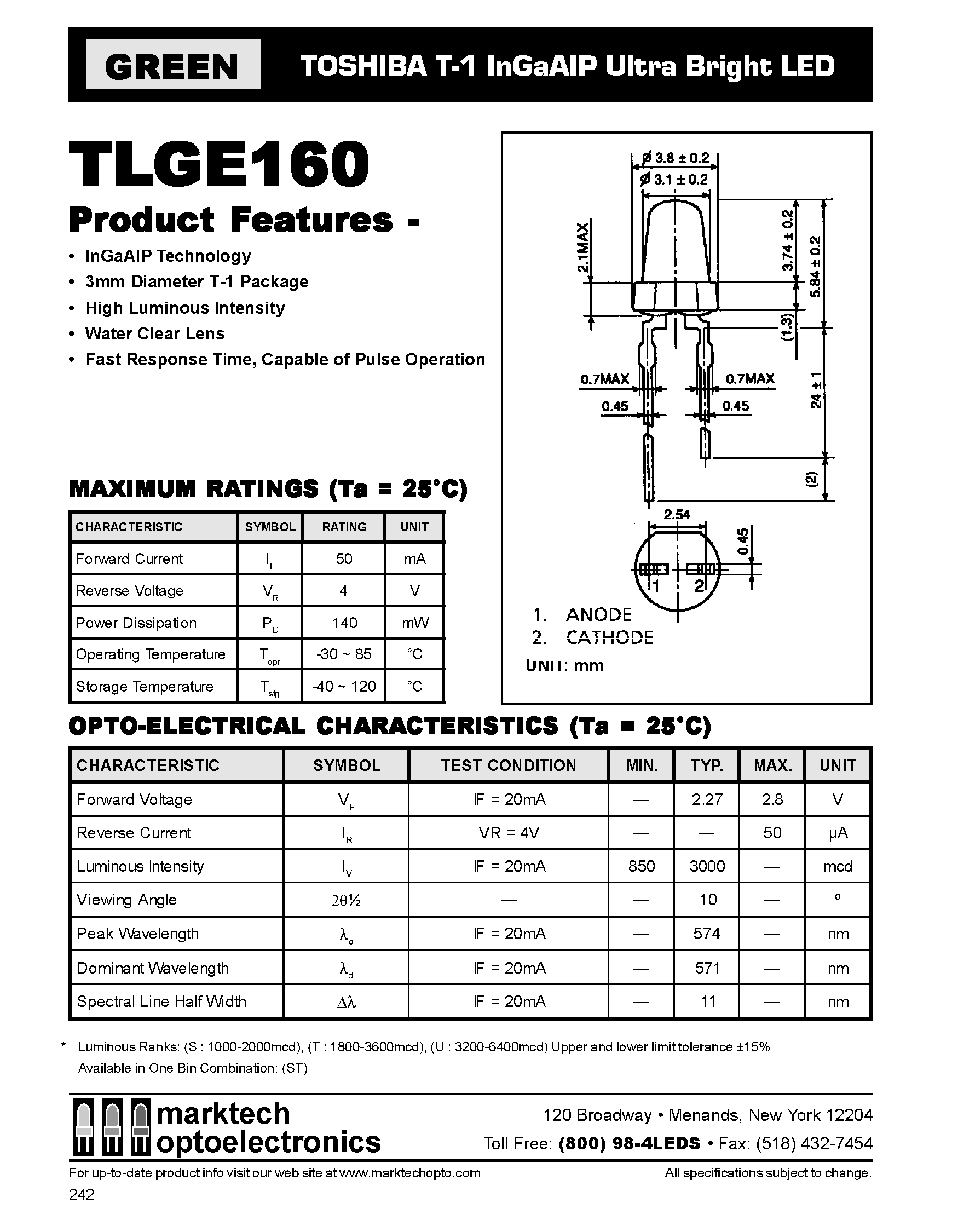 Datasheet TLGE160 - TOSHIBA T-1 InGaAIP Ultra Bright LED page 1