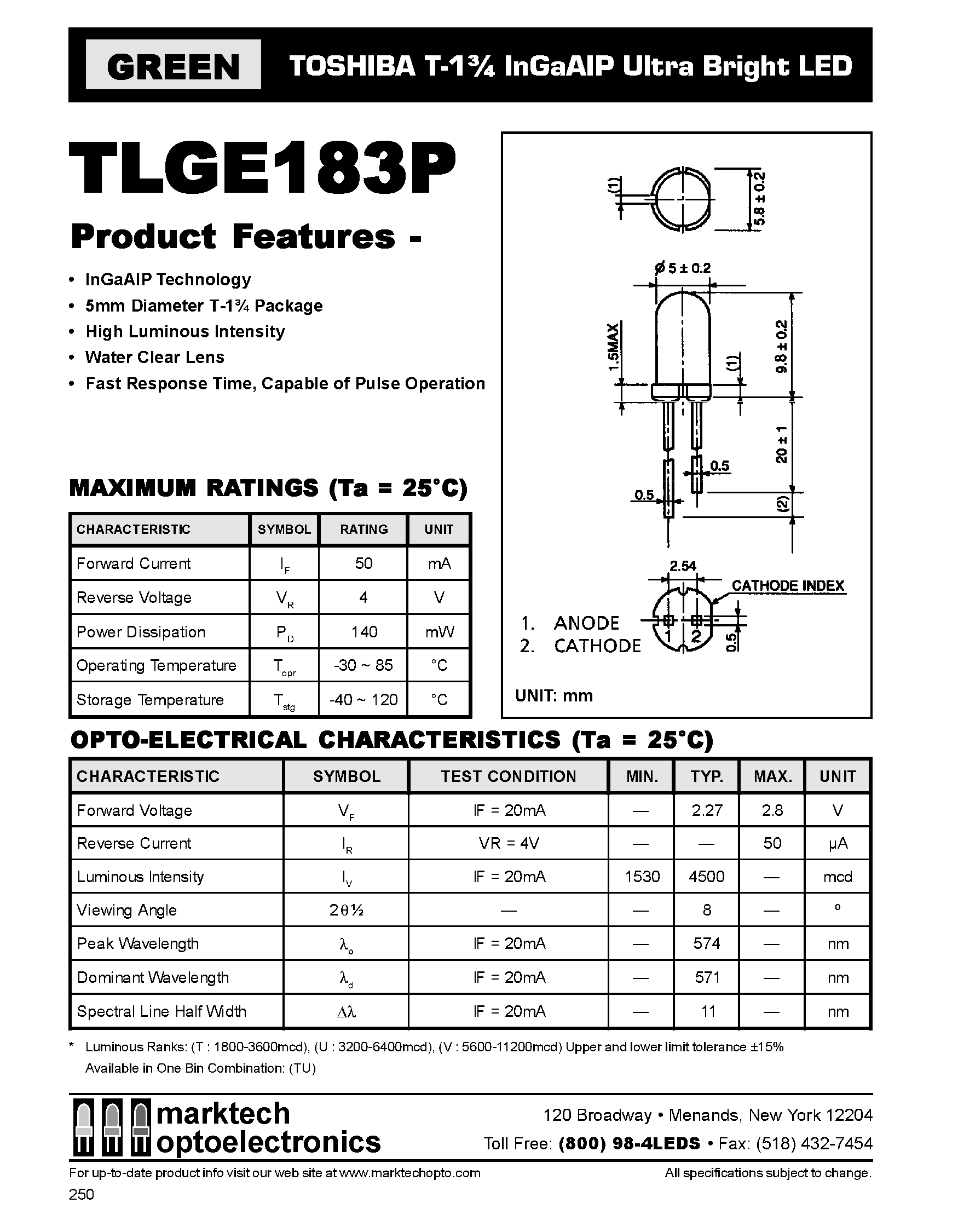 Datasheet TLGE183P - TOSHIBA T-1 3/4 InGaAIP Ultra Bright LED page 1