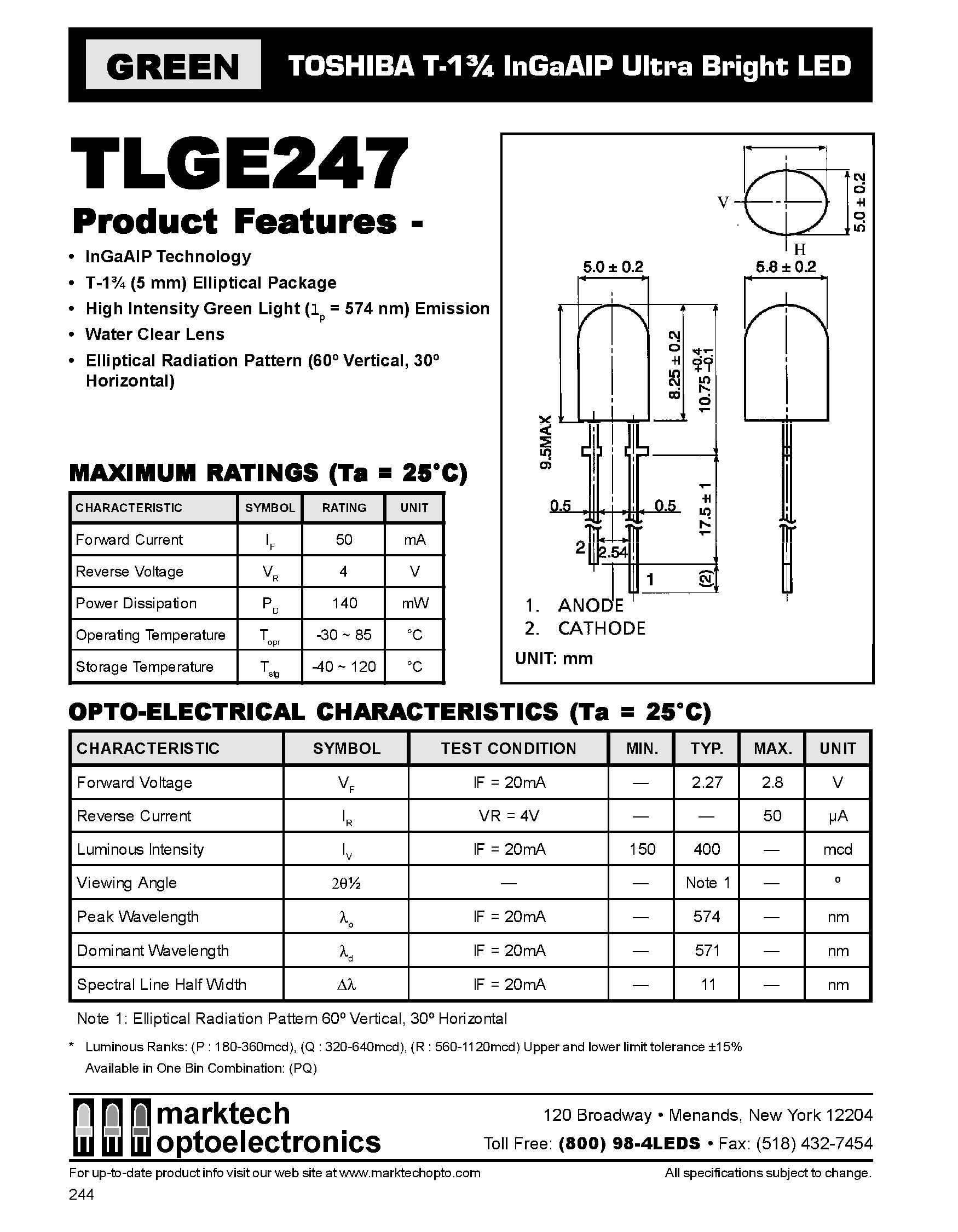 Datasheet TLGE247 - TOSHIBA T-1 3/4 InGaAIP Ultra Bright LED page 1