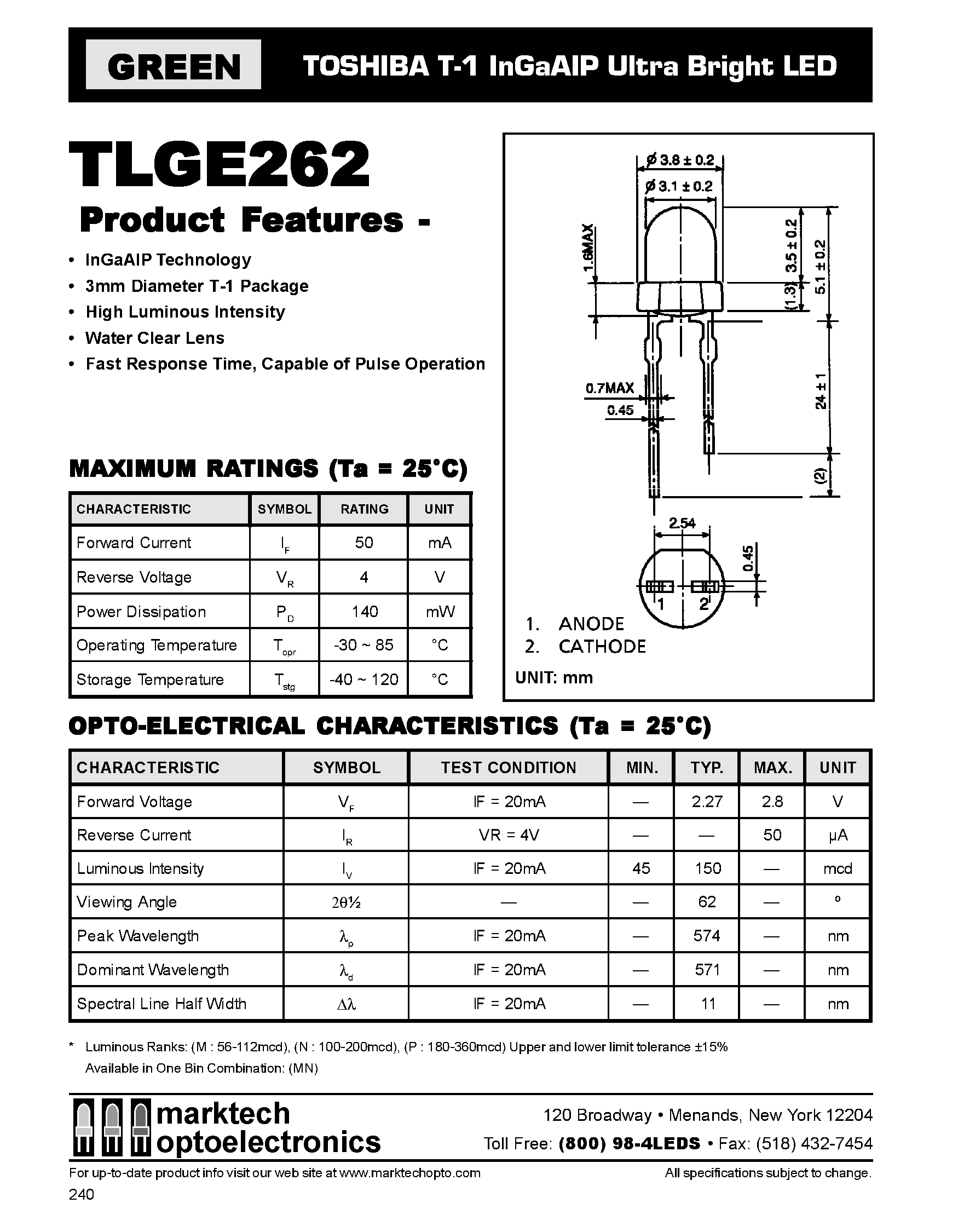 Datasheet TLGE262 - TOSHIBA T-1 InGaAIP Ultra Bright LED page 1