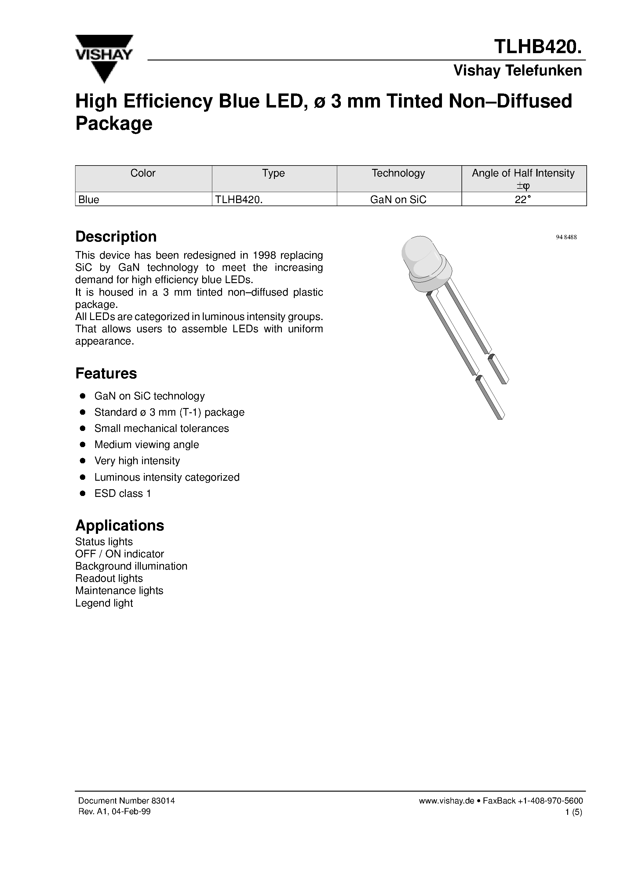 Datasheet TLHB4201 - High Efficiency Blue LED/ 3 mm Tinted Non.Diffused Package page 1