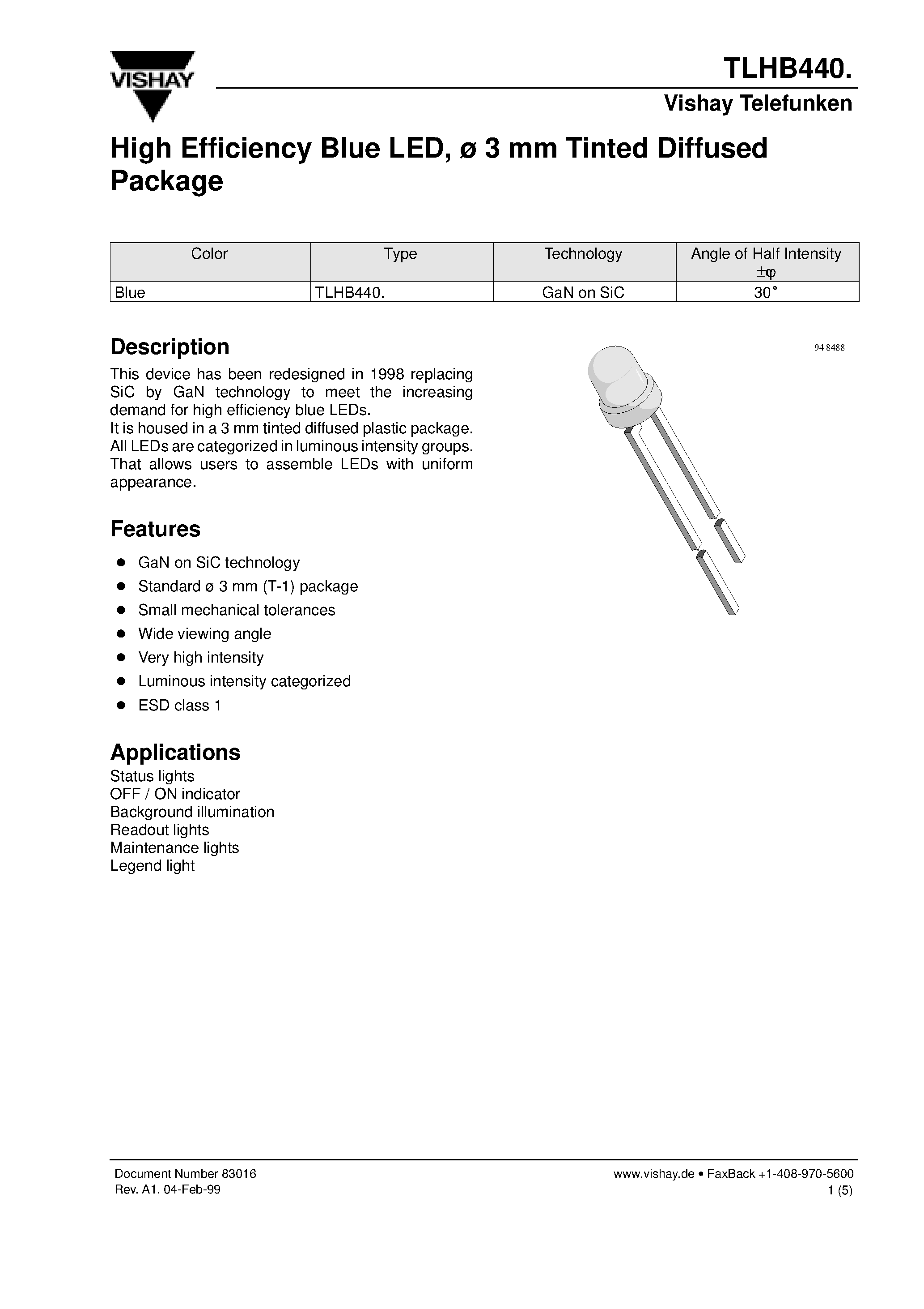 Datasheet TLHB4401 - High Efficiency Blue LED/ 3 mm Tinted Diffused page 1