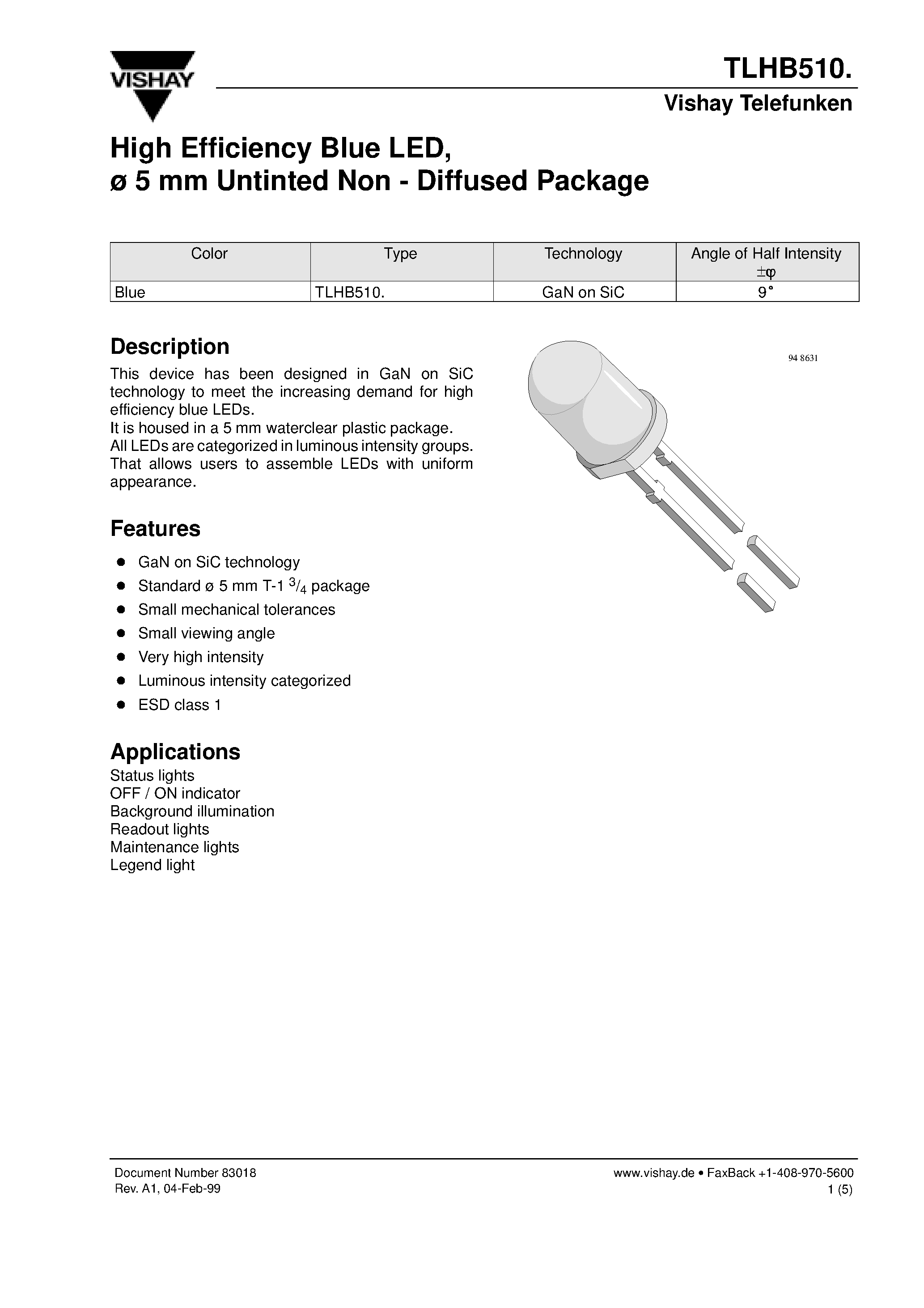 Datasheet TLHB5100 page 1 Datasheet TLHB5100 - High Efficiency Blue LED/ 5 mm Untinted Non - Diffused Package page 1