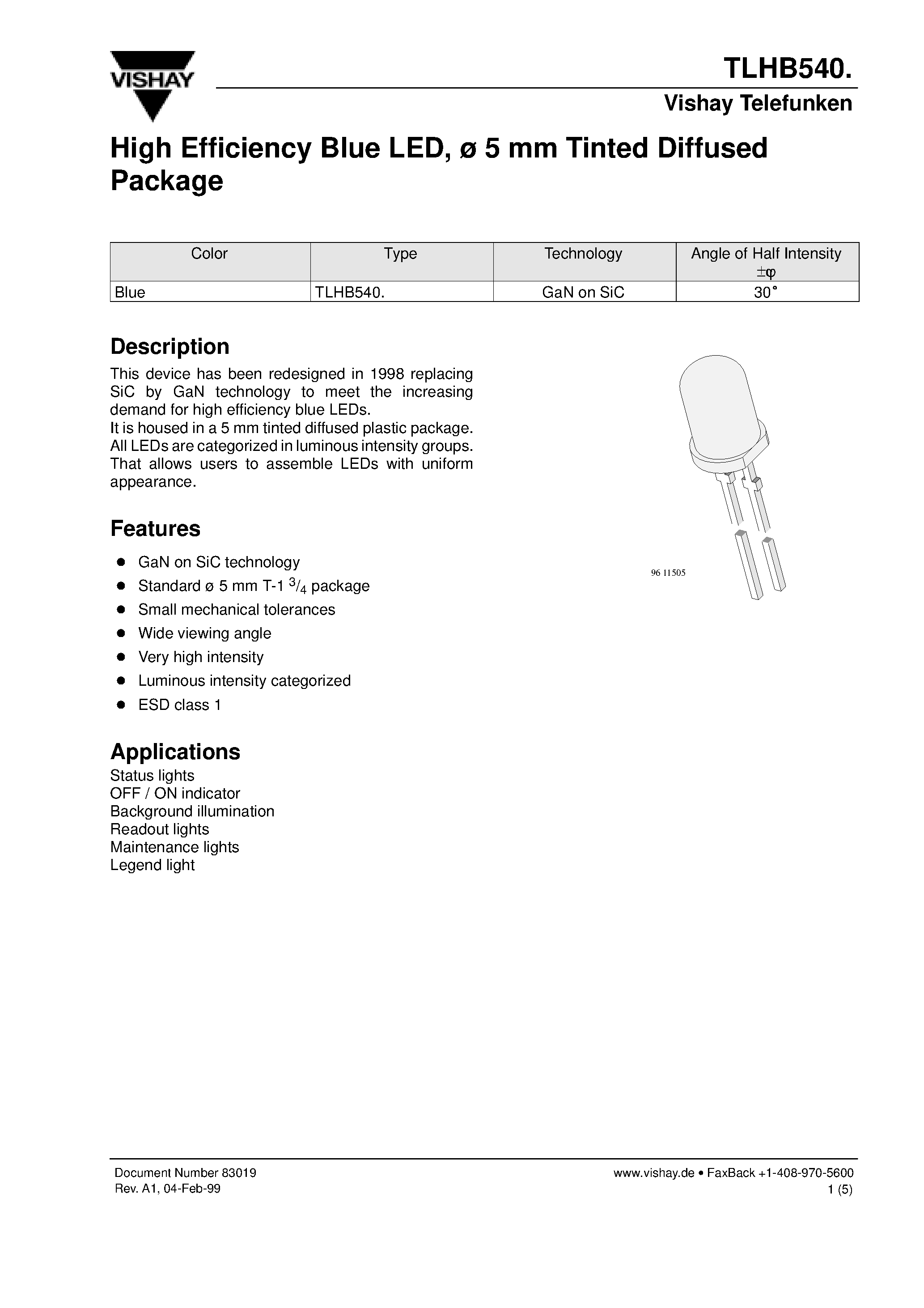 Datasheet TLHB5400 - High Efficiency Blue LED/ 5 mm Tinted Diffused Package page 1